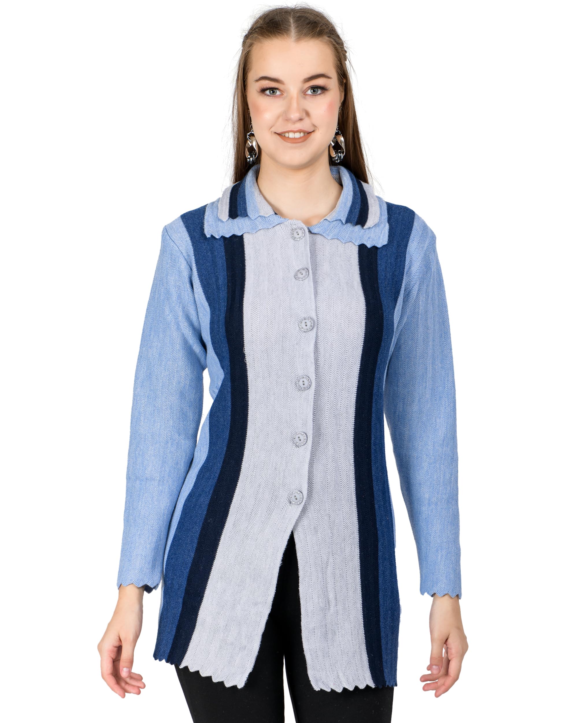 Lady Willington Women's Woolen Double Collar Neck Printed Design Heavy Rainbow Fabric Cardigan - Pure Wool Winter Wear-image-18