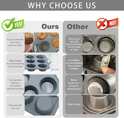 Miniatura 5 de To encounter Paquete de 2 moldes de silicona para magdalenas con marco de metal, 12 tazas de tamaño regular, bandeja antiadherente para hornear,