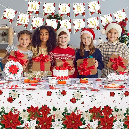 Miniatura 6 de Layhit Juego de vajilla desechable de Navidad de 172 piezas, platos de flores de Pascua de Navidad, mantel, tazas, vajilla de Feliz Navidad para