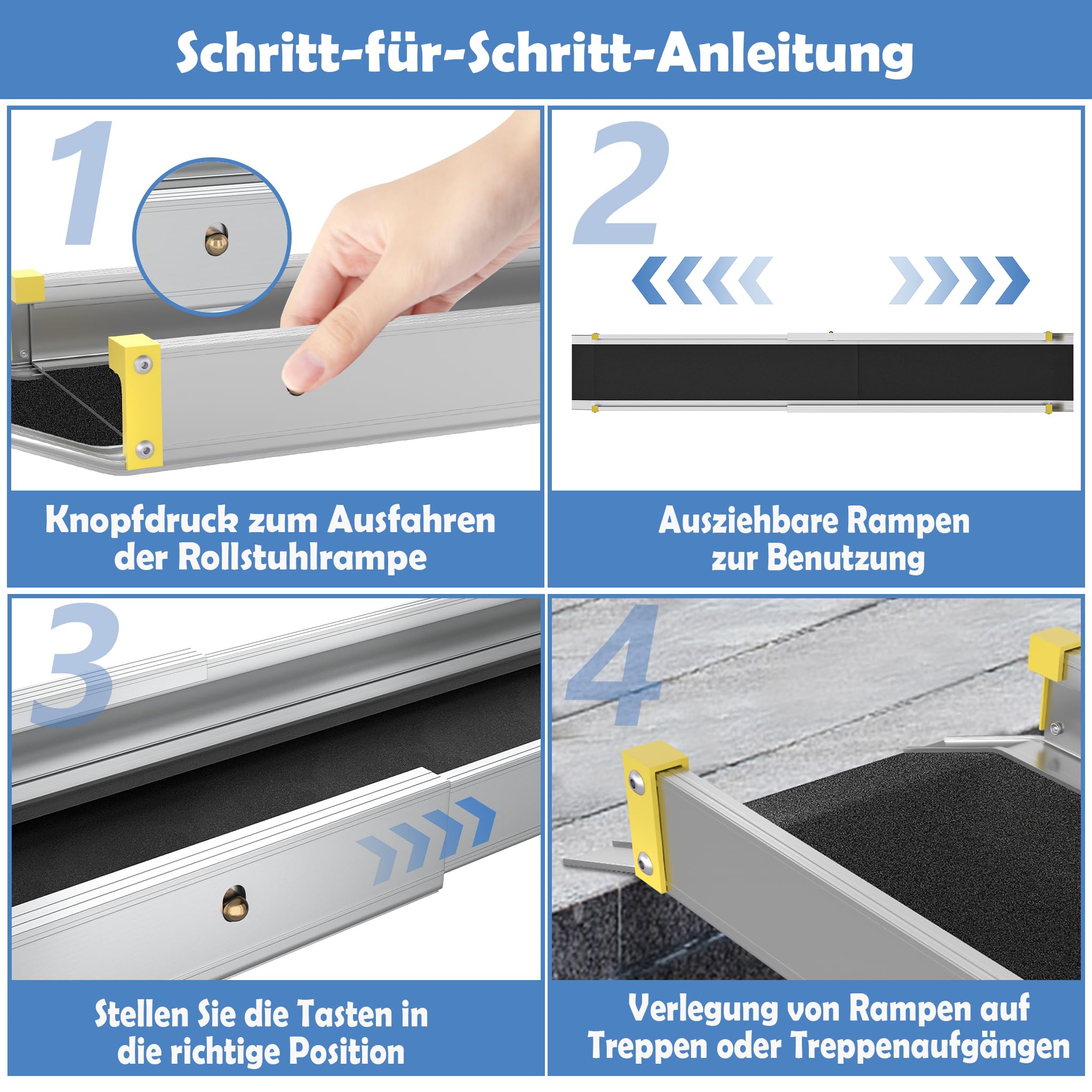 Froadp 2 x rampa dla wózków inwalidzkich do schodów, rampa teleskopowa do wózka inwalidzkiego, aluminiowa, rampa najazdowa do 300 kg, nośność 75,5-122 cm, regulowana rampa teleskopowa
