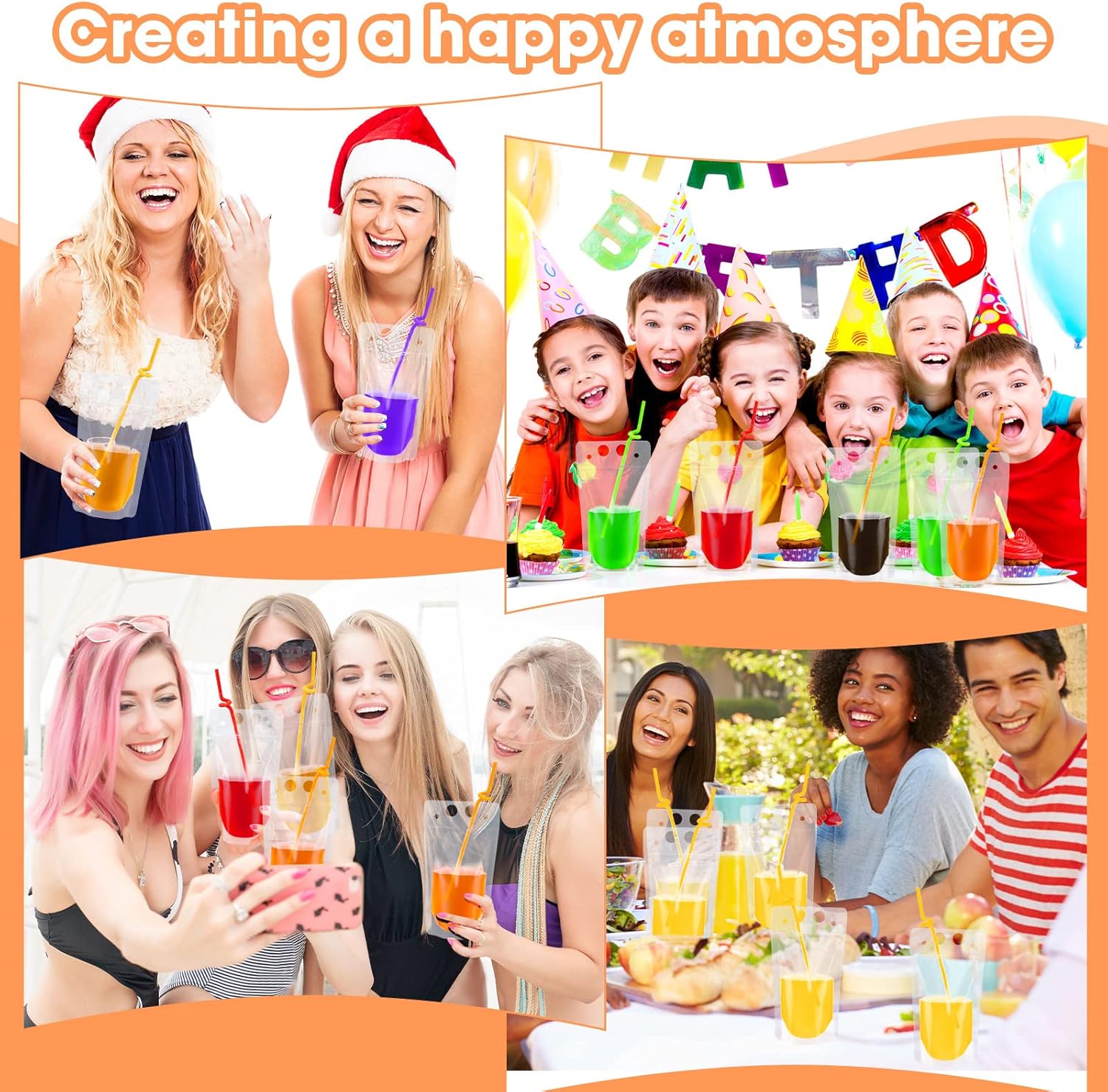 300 Pcs Drink Pouches with 300 Straw, Freezable Juice Pouches for Adults Heavy Duty Hand Held Translucent Reclosable Plastic Smoothie Bags Disposable Alcohol Bags for Cold Hot Drinks, 400-500 ml