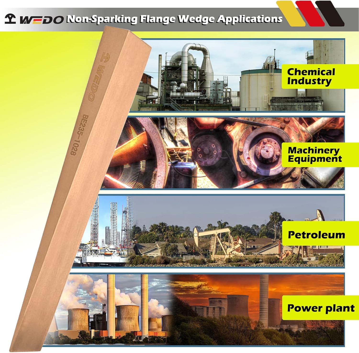 WEDO Non-Sparking Flange Wedge, Spark-free Safety Flange Wedge, Non-Magnetic, Die-Forge, Corrosion Resistant, DIN Standard, Beryllium Copper, 19mmx50mmx180mm