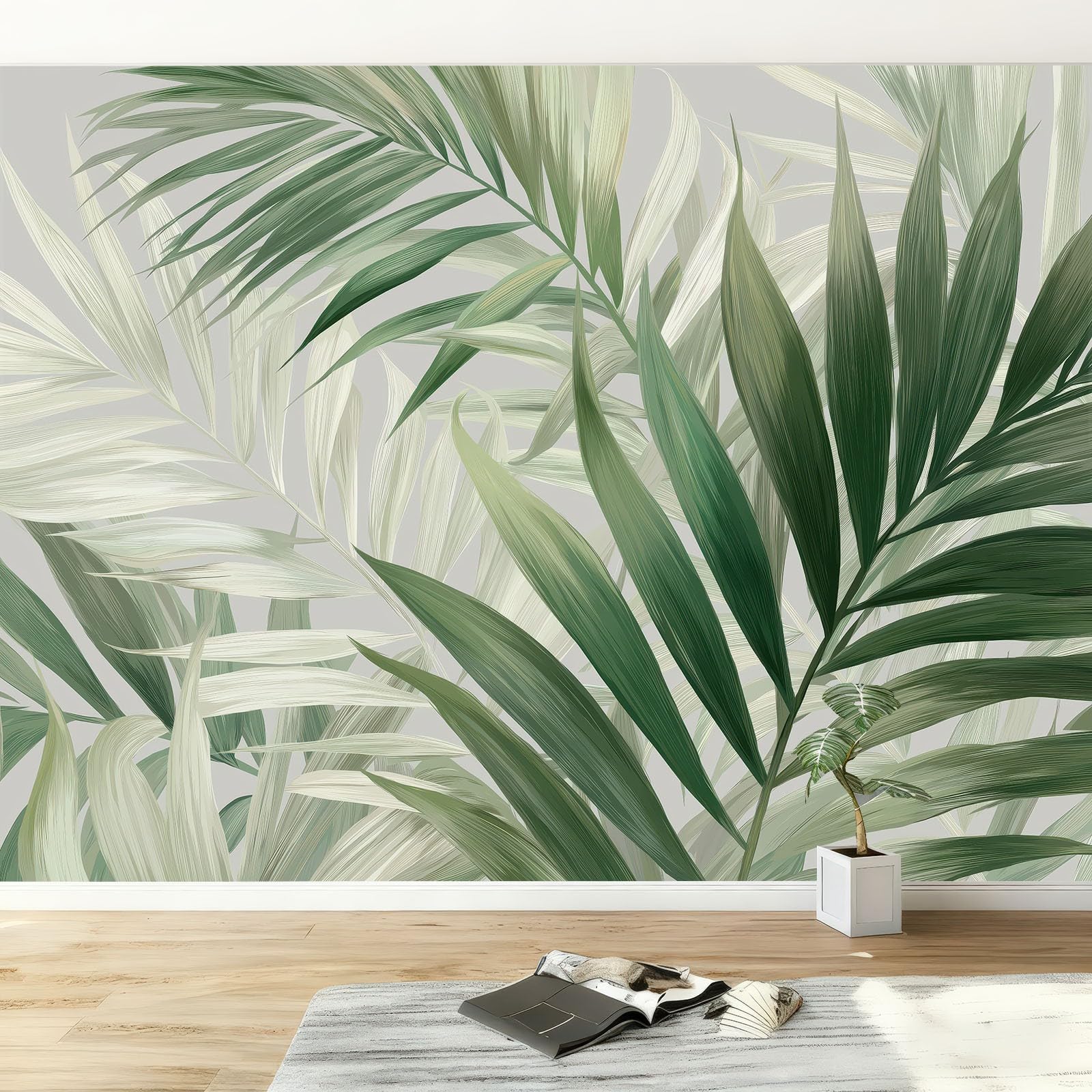 Art Papier Peint Intissé 3D Feuilles De Palmier Dessinées À La Main Muraux Papier Peint Photo, Plantes En Aquarelle Murale Panoramique 500 x 280 cm Salon Chambre Bureau Couloir Peinture Murale