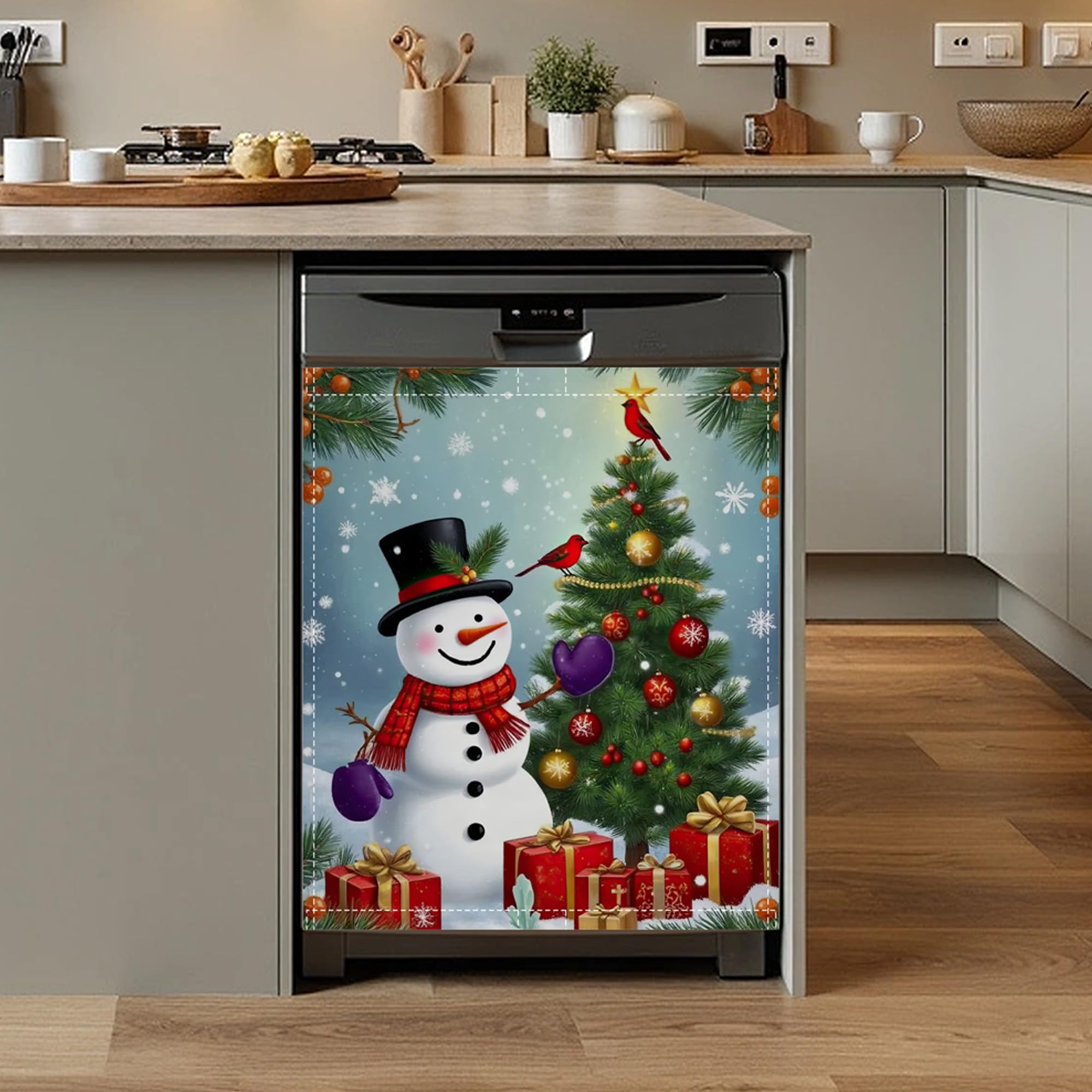 Christmas Tree Snowman Dishwasher Magnet Cover,Front Dishwasher Cover Decoration Reusable Decorative Magnetic Cover for Home Kitcen Appliance 23x26 Inch