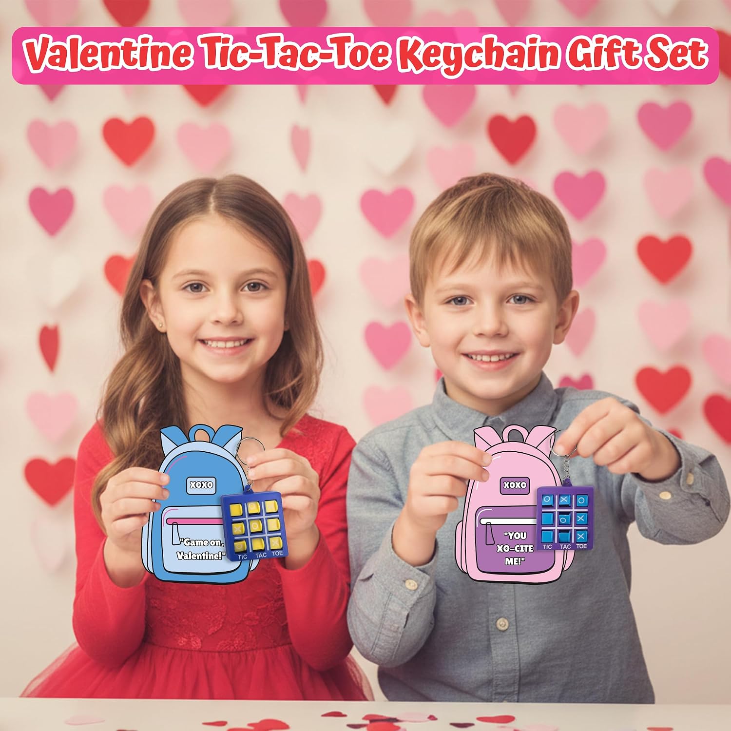 4E's Novelty 24 Pack Classroom Valentine Cards with Tic Tac Toe Keychains Games, Bulk Valentines Day Cards & Gifts for Kids School Valentines Classroom Exchange, Valentines Party Favors