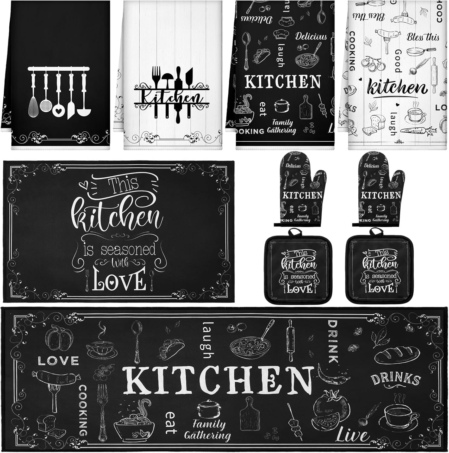 10 Pcs Farmhouse Kitchen Set, Kitchen Towels and Dishcloths Rugs Mats for Floor Oven Mitts and Pot Holders Sets Rustic Hand Towels for Home Decorations Gifts(Classic Black White,Utensils) Classic Black White Utensils