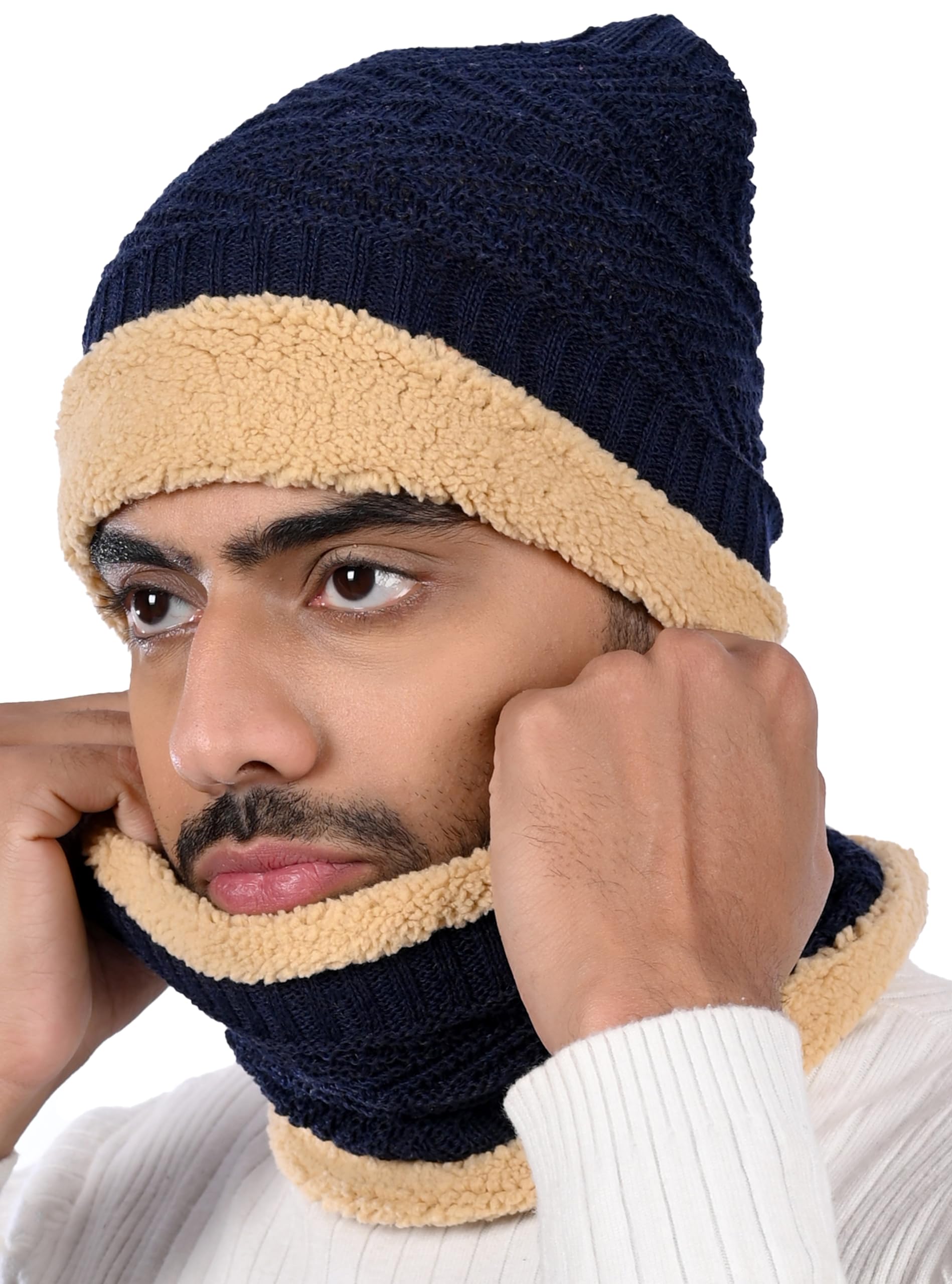 MUKHAKSH (Pack of 1 Set = 1 Beanie + 1 Neck Warmer Boys Winter Woolen Warm Navy Blue Sherpa Beanie Neck Warmer Cap for Extreme Weather Cold Winter 1