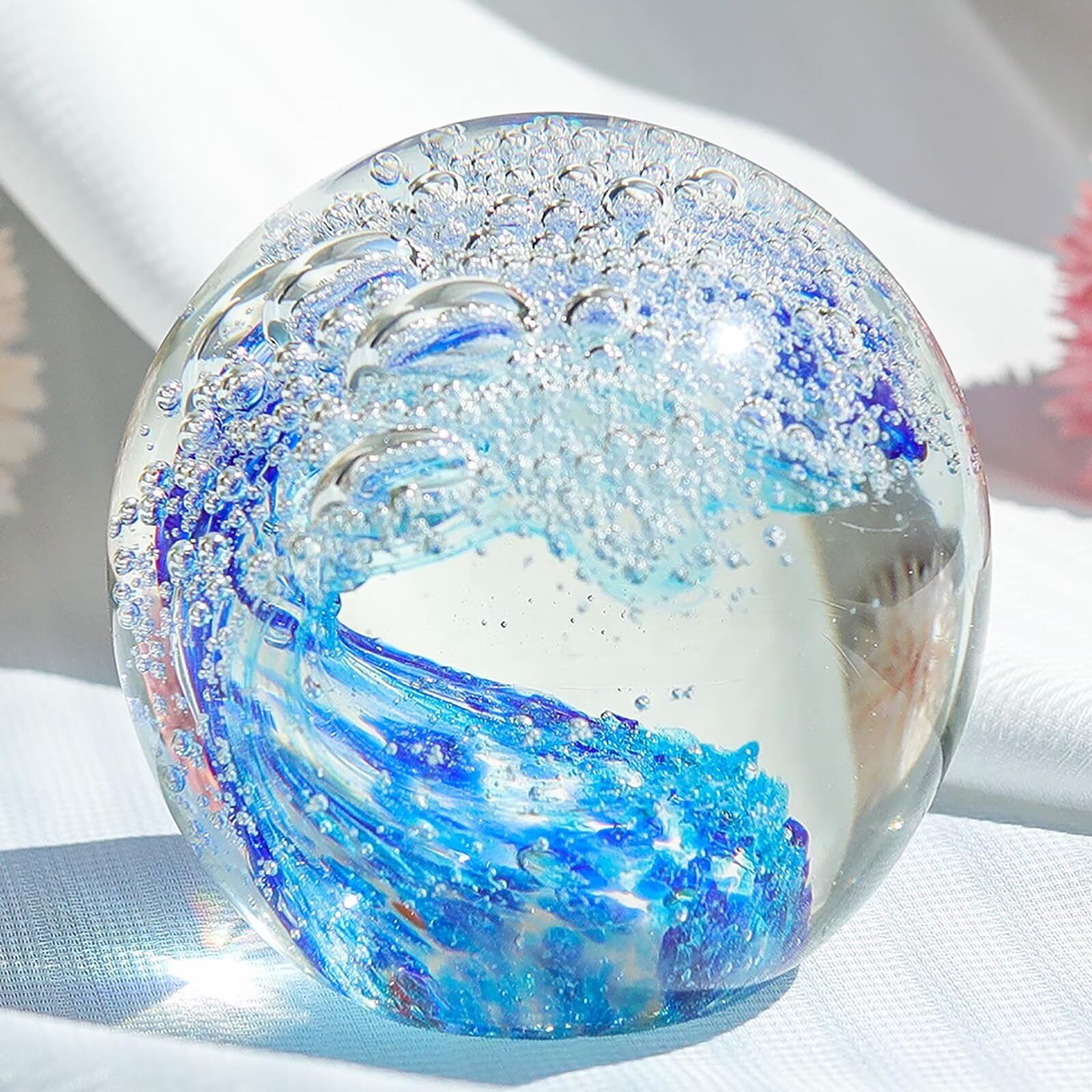 FZBHRO Decorative Crystal Ball Figurines Ocean Waves Paperweight Blown Glass Decor Sea Art Ocean Lovers Gift Blue 3.15