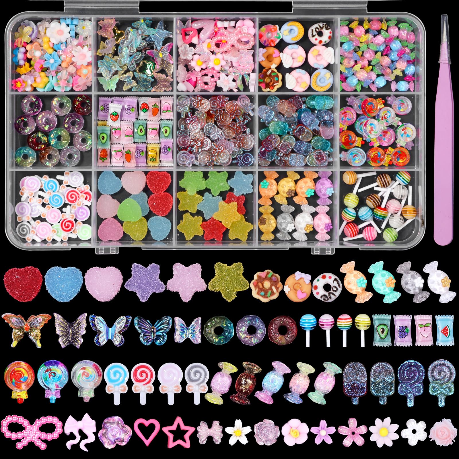 3D Assorted Candy Nail Charms, Colors Lollipop Donuts Acrylic Nail Charms, Star Heart Bear Ice Cream Cute Sweet Candy Charms for Nails DIY Supplies
