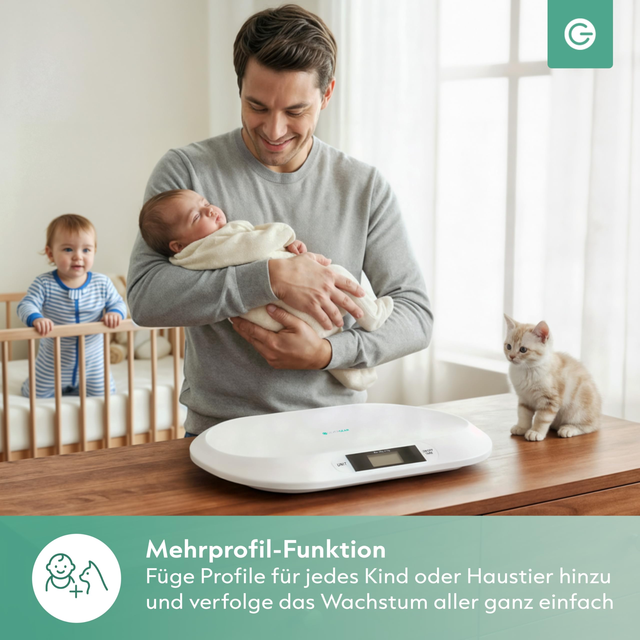 Silvergear® Smart Babywaage mit Bluetooth | Digitale Babywaage mit App für Neugeborene Kinder Haustiere | Präzise Messung bis 20 kg | Smart Life App | 54,5×31,5×2,7cm | Weiß