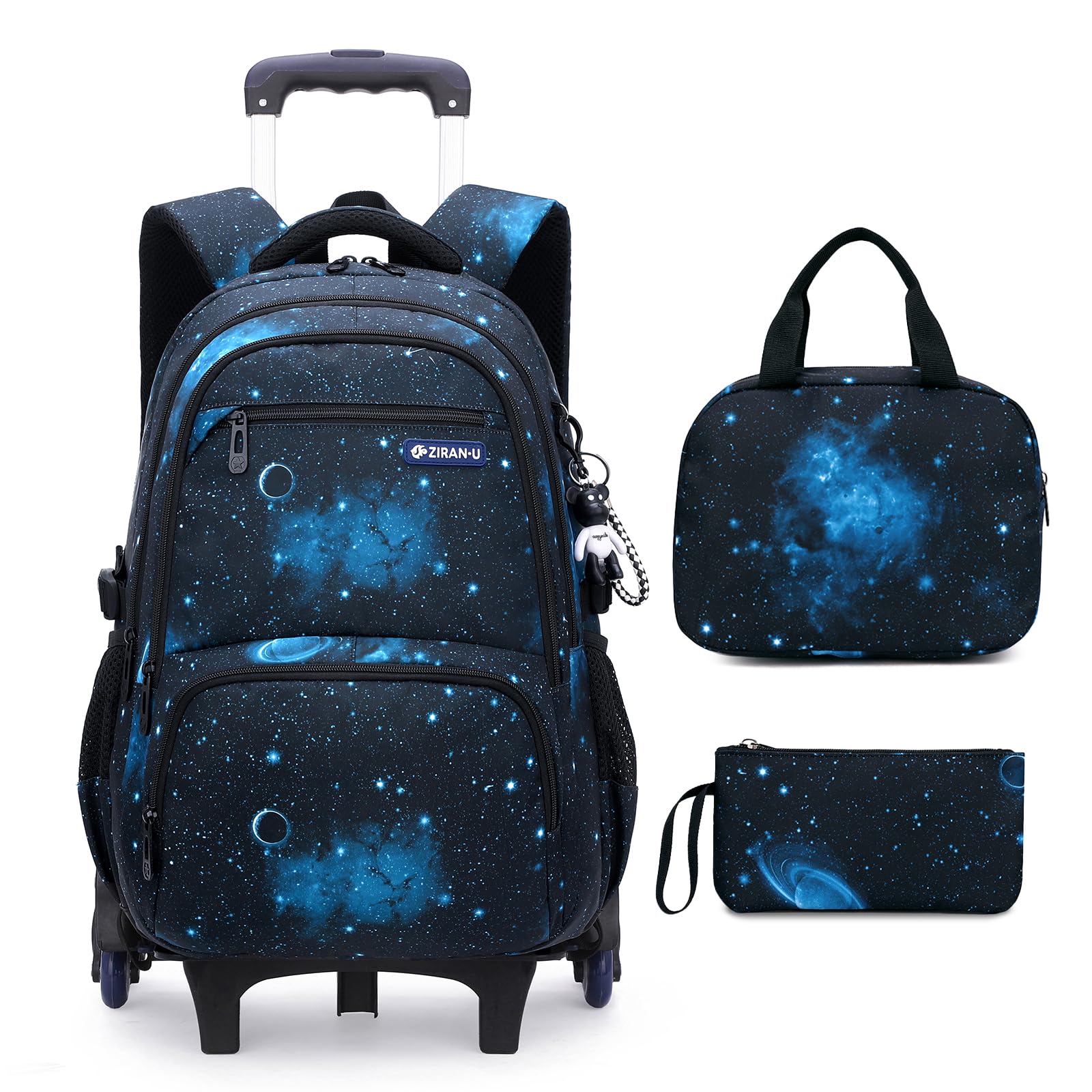 Amythe Schulrucksack Trolley für Jungen Teenager Rucksack mit Rollen 3-teilig mit Lunchtasche Federmäppchen, Wasserdichter Lässige Daypack 30L, Große Schultasche für Schule & Reisen, Blau | Schultasche mit Rollen mit Lunchtasche Federmäppchen, Wasserdicht