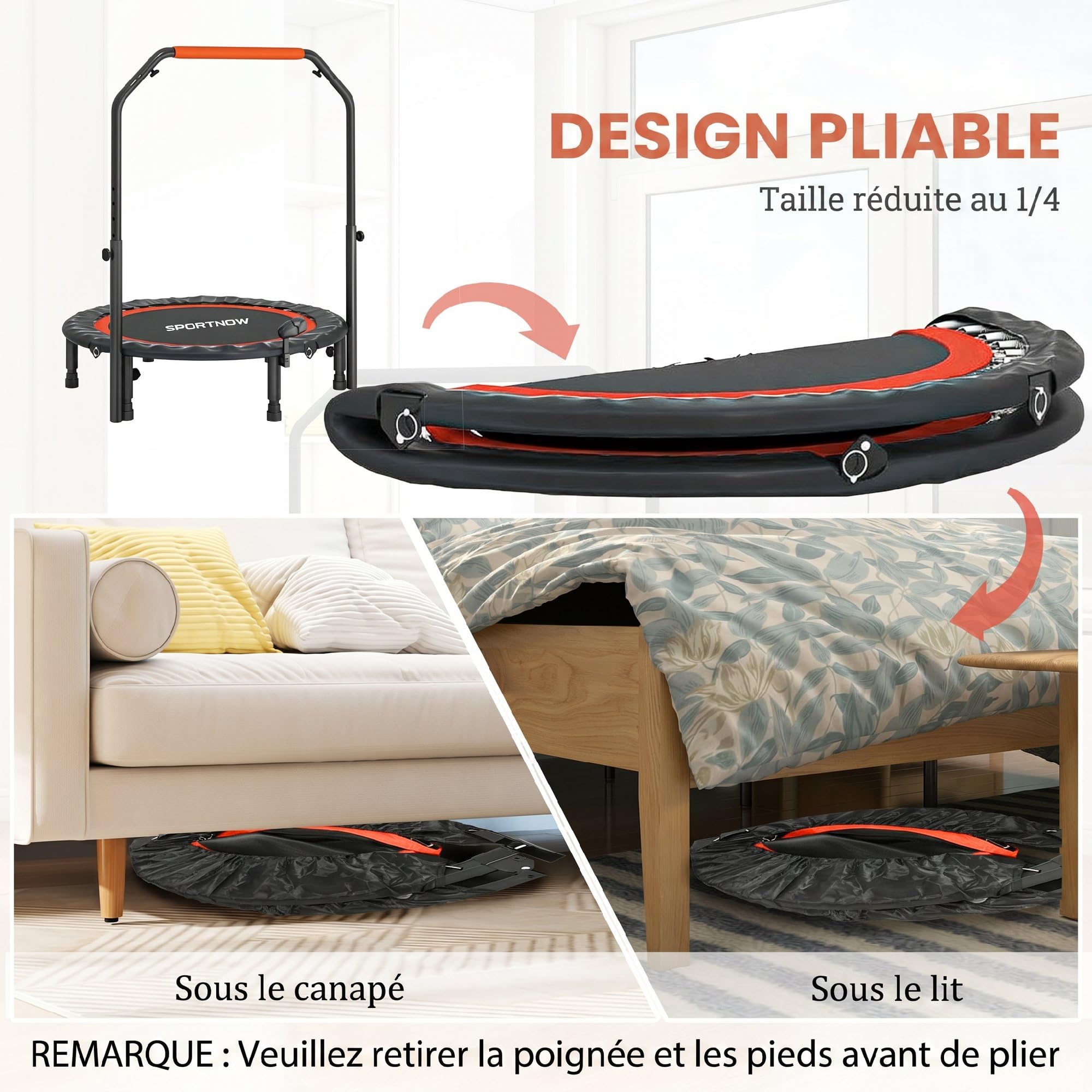 HOMCOM Trampoline de Fitness Gymnastique Trampoline Adulte avec poignée réglable, Pliable, 6 Pieds, 28 Ressorts Ø 102 cm