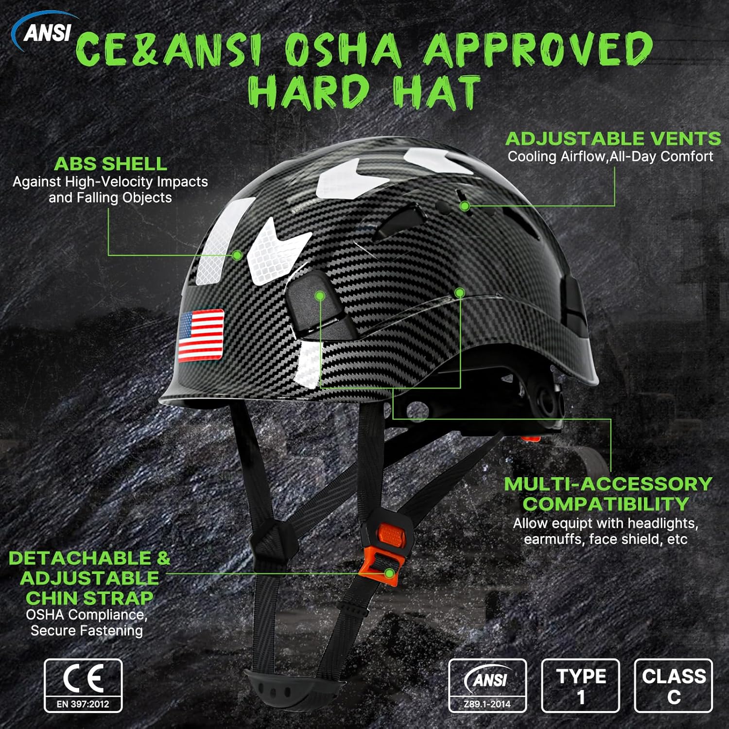 Aolamegs Vented Hard Hats - Carbon Fiber Custom Hard Hats Construction OSHA Approved for Men,ANSI Z89.1 Safety Hard Hat with Chin Strap Ratchet,6 Point Suspension Hardhat