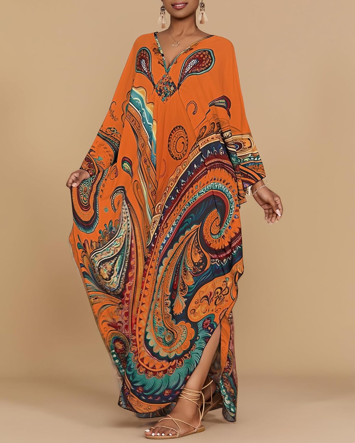 Bsubseach Kaftan Dresses for Women Ethnic Print Plus Size Beach Cover Ups Batwing Sleeve Caftans with Pockets - Image 3