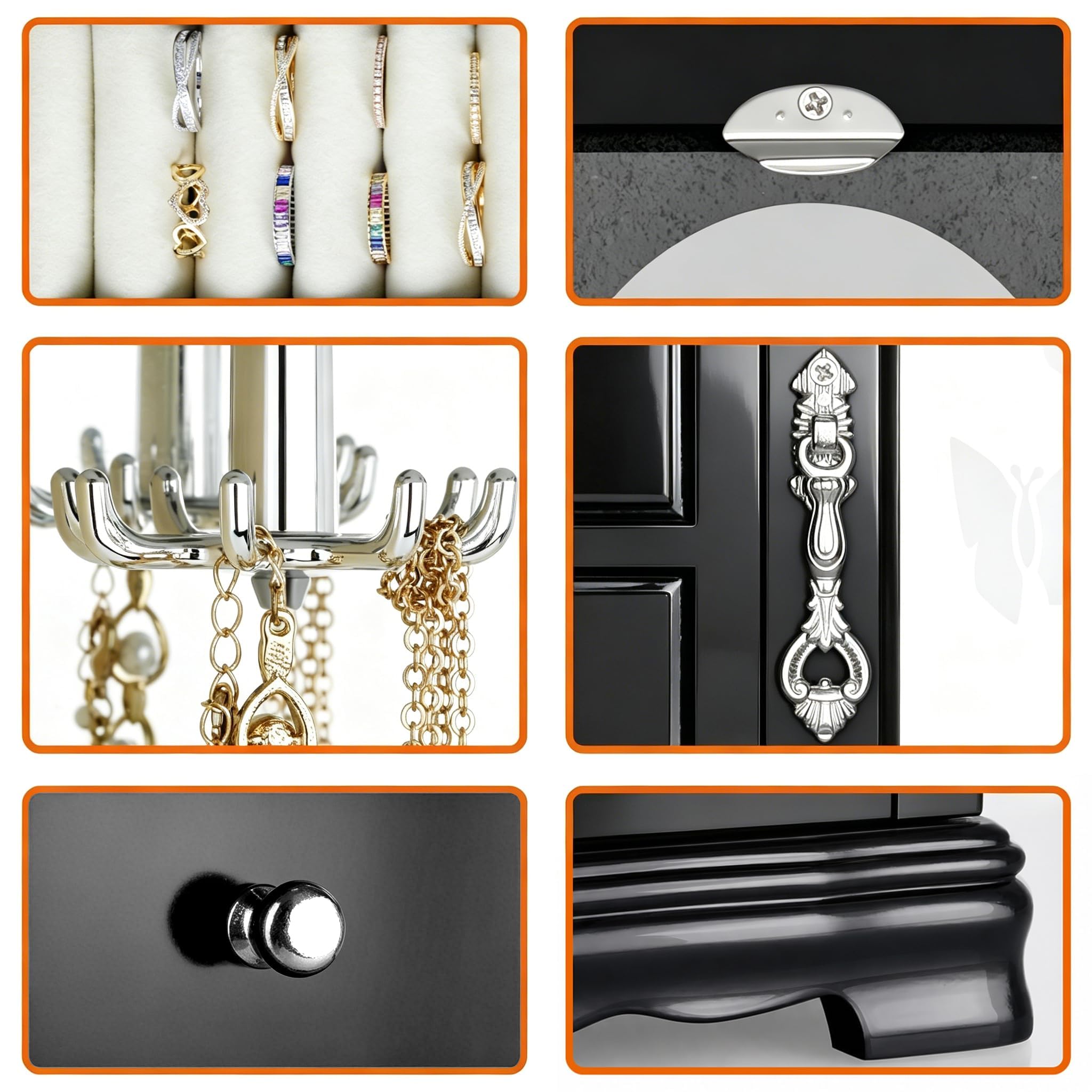 Joyero hecho de madera maciza con organizador de 4 cajones y carrusel de collares integrado y espejo grande negro