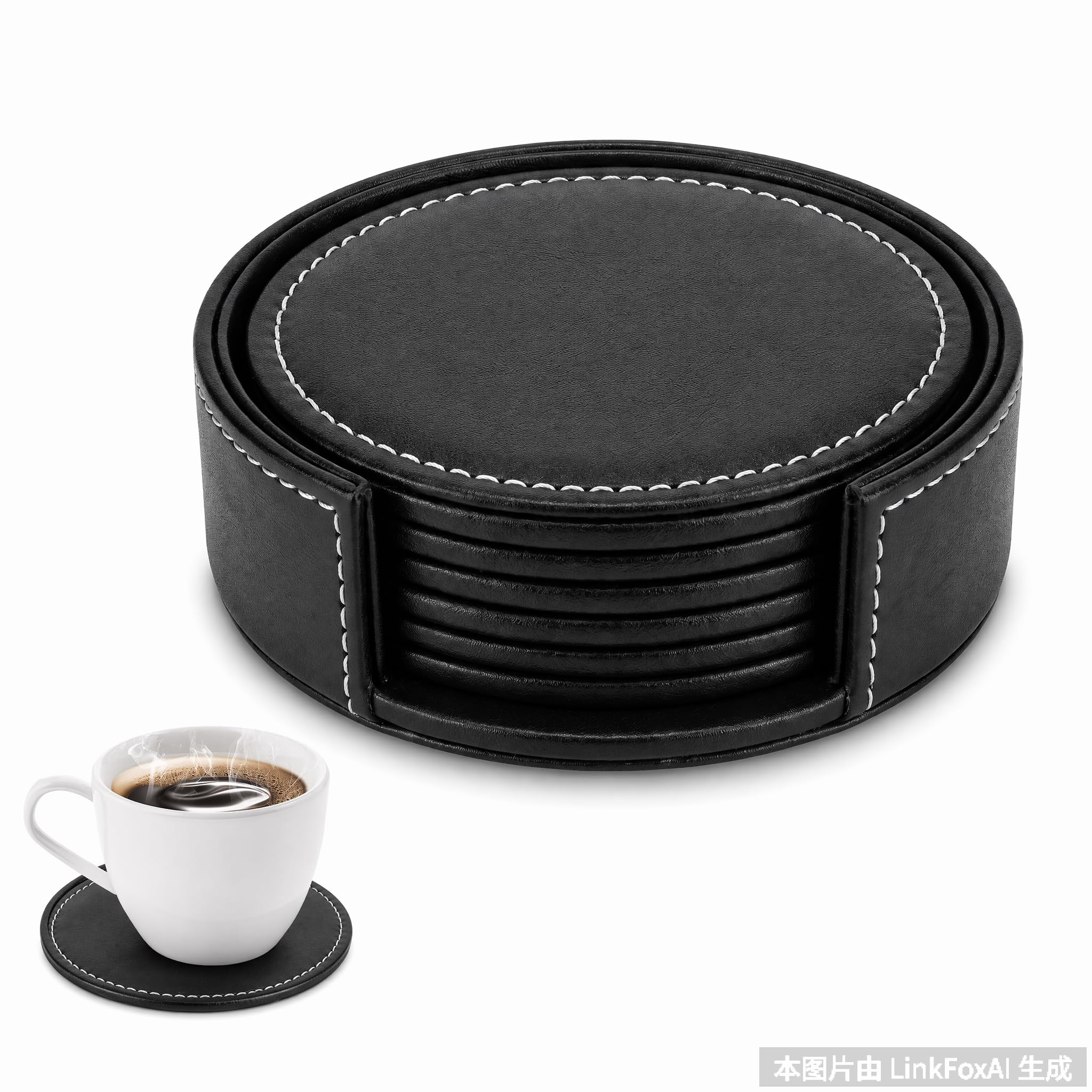 Red Leather Coasters Set of 6 – Premium PU Leather Drink Holders, Round Cup Mats with Holder, Non-Slip, Anti-Heat Protection for Glasses, Mugs, and Cups, Ideal for Home & Office (Black)