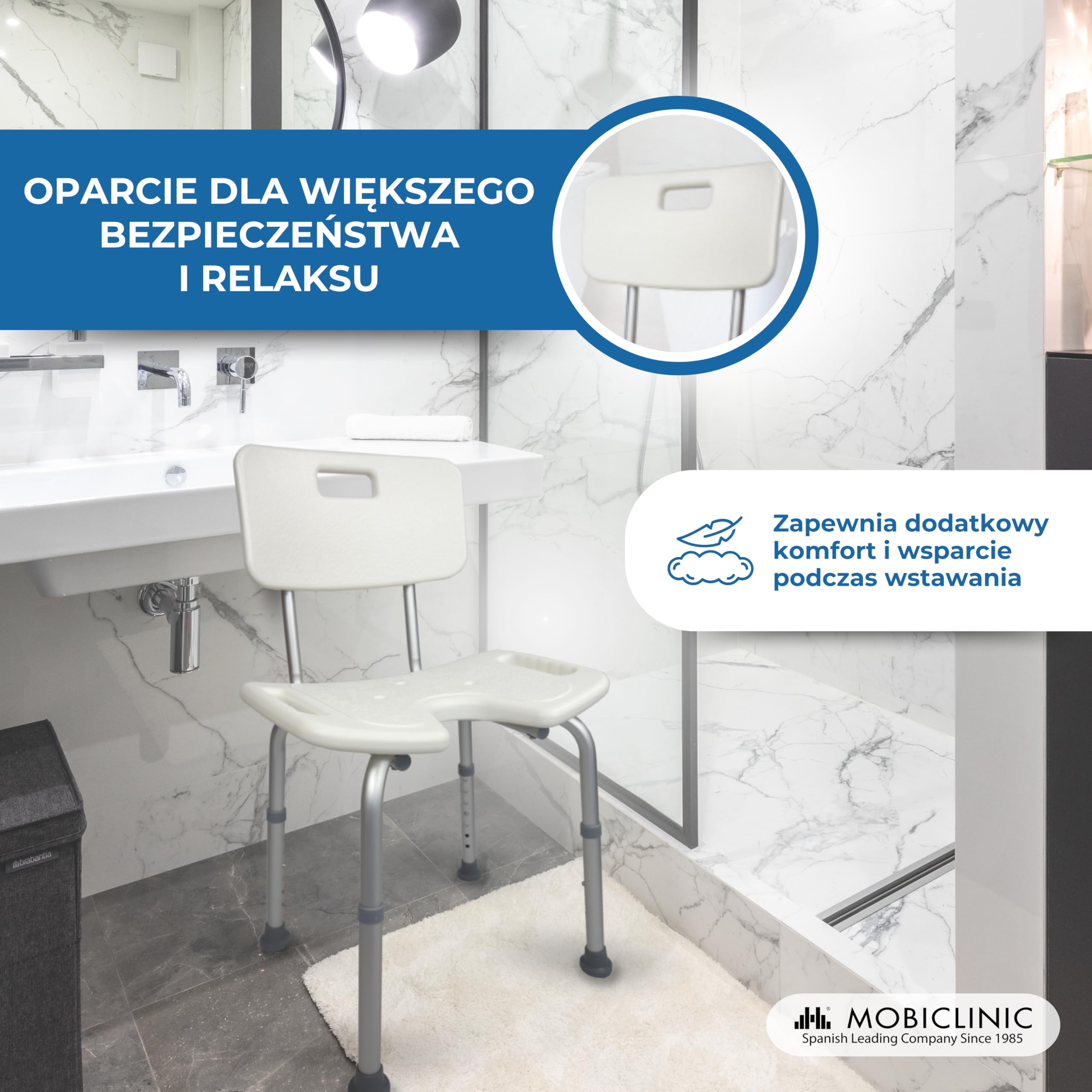 Mobiclinic, model Marisma, Krzesło prysznicowe z oparciem i siedziskiem w kształcie litery U, regulacja wysokości