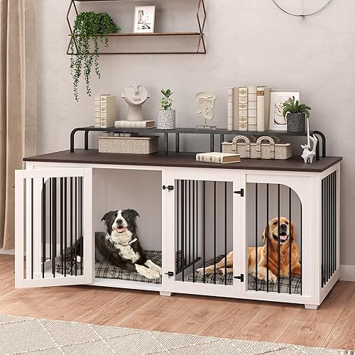Mueble grande para perrera para 2 perros, 74.8 pulgadas, XXL de madera doble para perros, estilo de muebles con divisor para razas grandes con
