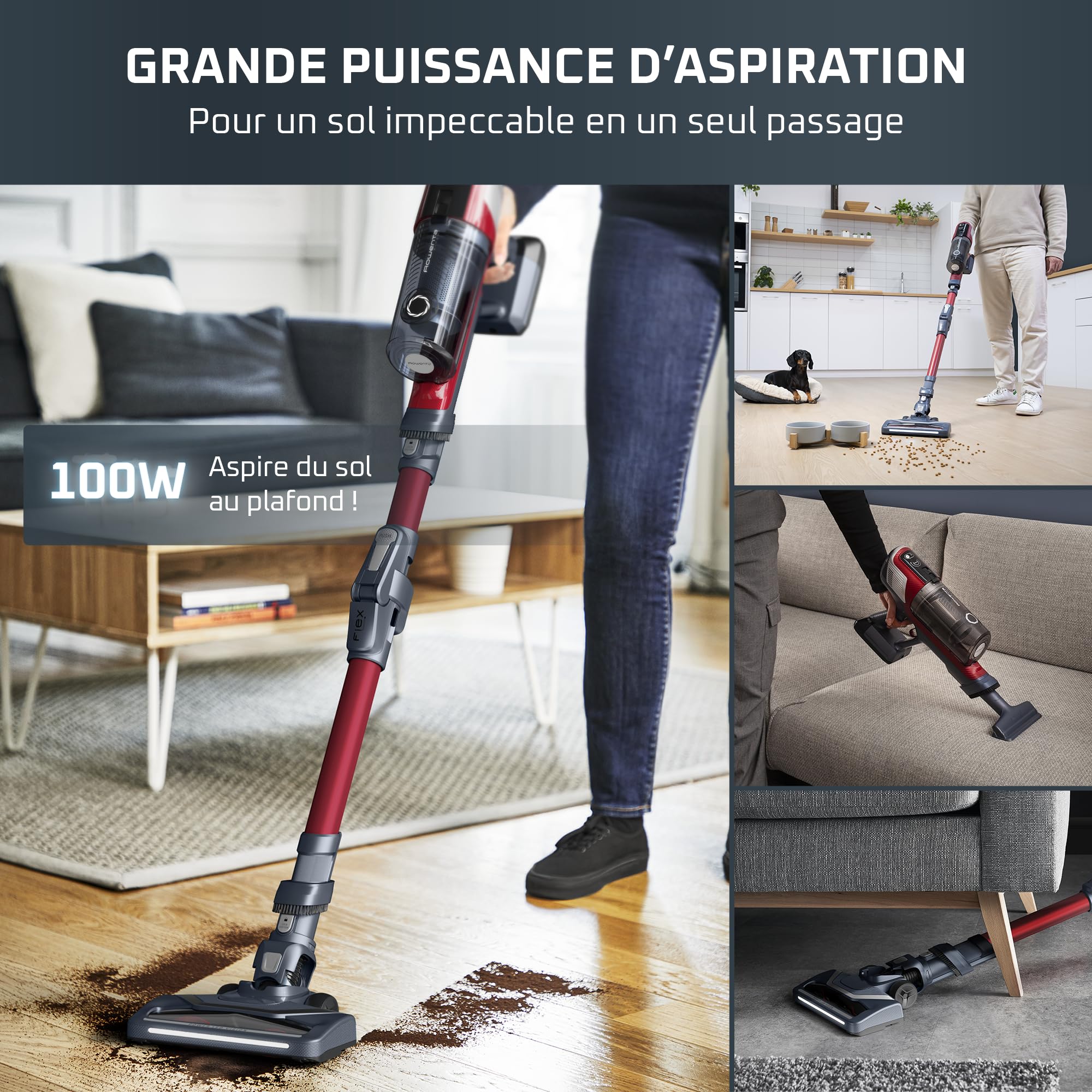 Rowenta X-Pert 6.60 Smart Aspirateur Balai sans fil, Tube Flex, Idéal pour les Poils D'animaux, Léger, Puissance 100W, Autonomie 45min, LED RH6471WO, Noir/Rouge