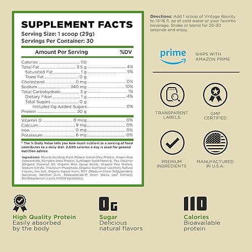 Miniatura 3 de Vintage Bounty - Proteína en polvo a base de plantas para controlar el peso, después del entrenamiento y la recuperación, proteína de guisantes,