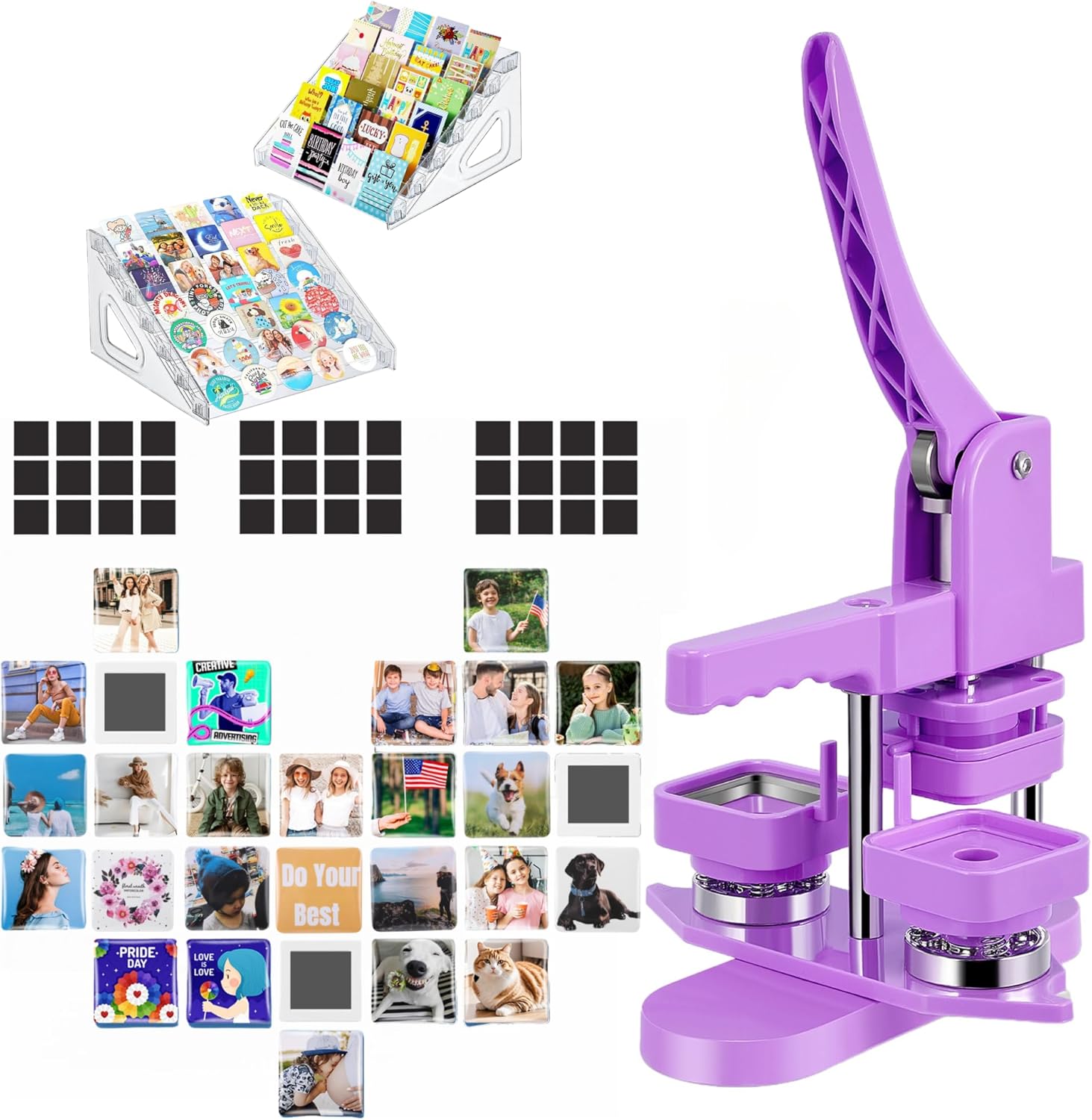 Square Magnet Button Maker Press Machine with 100 Sets Square Badge Making Supplies 2'' x 2'', with 2 Pack Acrylic Display Stand Rack