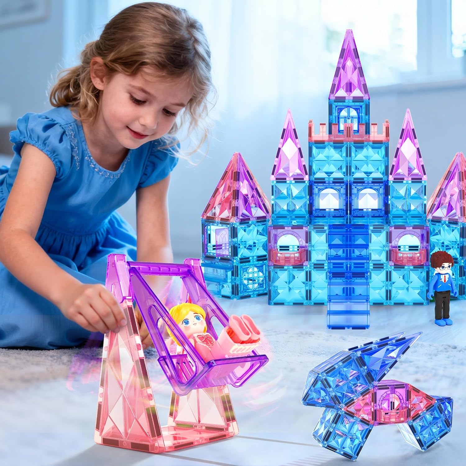 Coodoo Diamond Magnetic Tiles & Building Blocks — Princess Toys for Girls & Boys, Toddler Girl Gifts, 3 4 5 6 Year Old Gifts, Toys for Ages 3-8, 3 Year Old Birthday & Xmas Present
