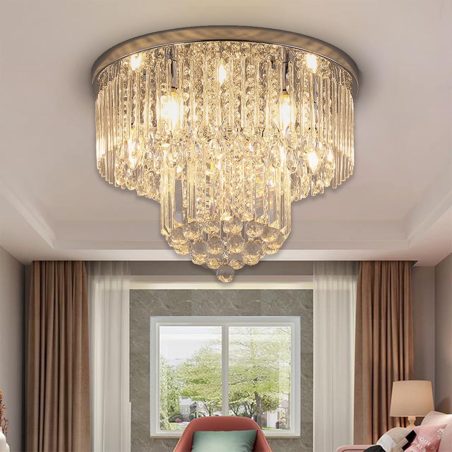 Get Discount Offer Krasty 5 Lights Modern Chrome Crystal Flush Mount Ceiling Light, Crystal Chandelier Light Fixtures for Bedroom Living Room Hallway Dining Room,H13 x D18