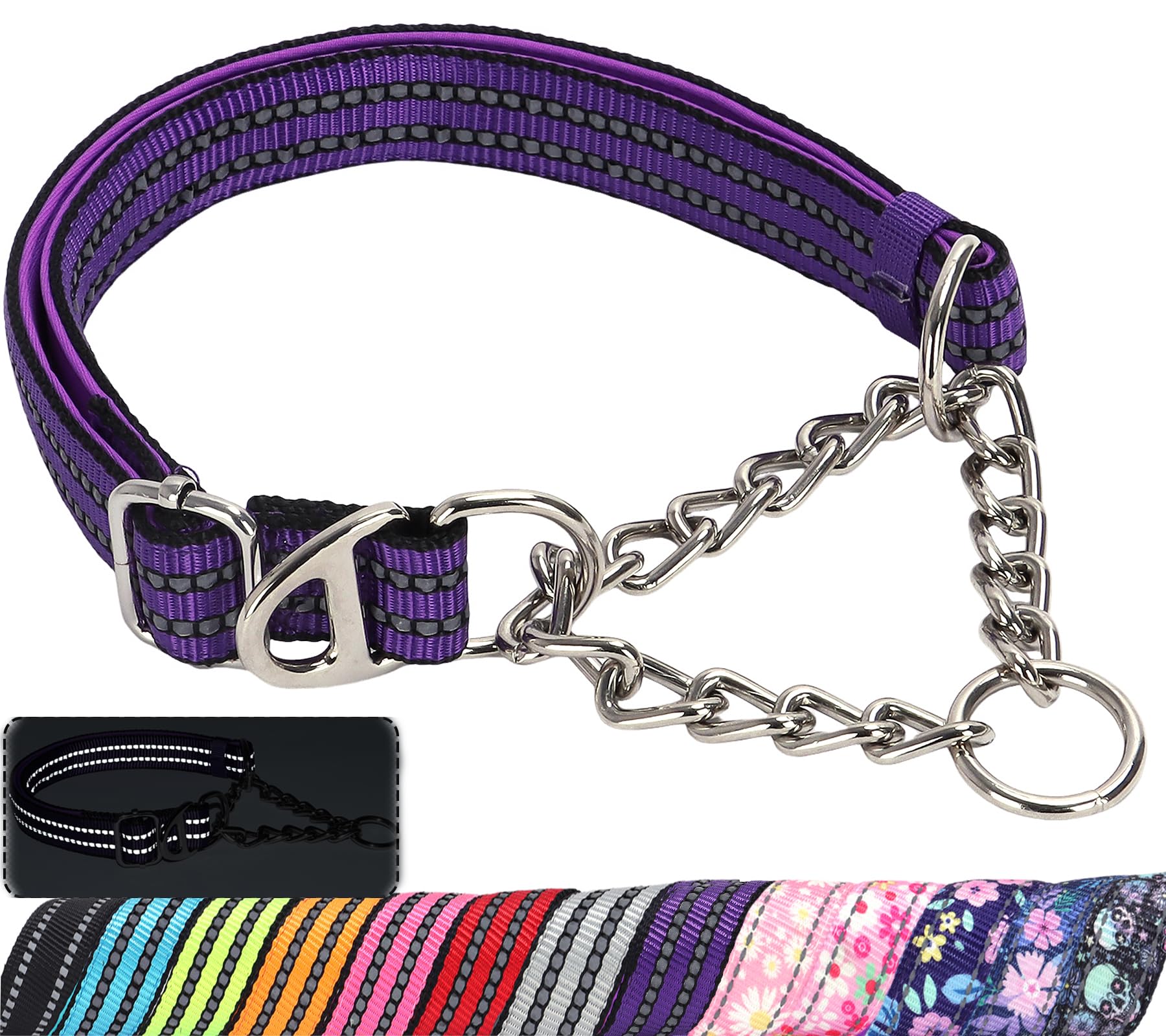 Reflective Martingale Dog Collar，Trainer Approved Limited Slip Collar with Chain Heavy Duty D-Ring Adjustable for Gentle & Effective Medium Large XL