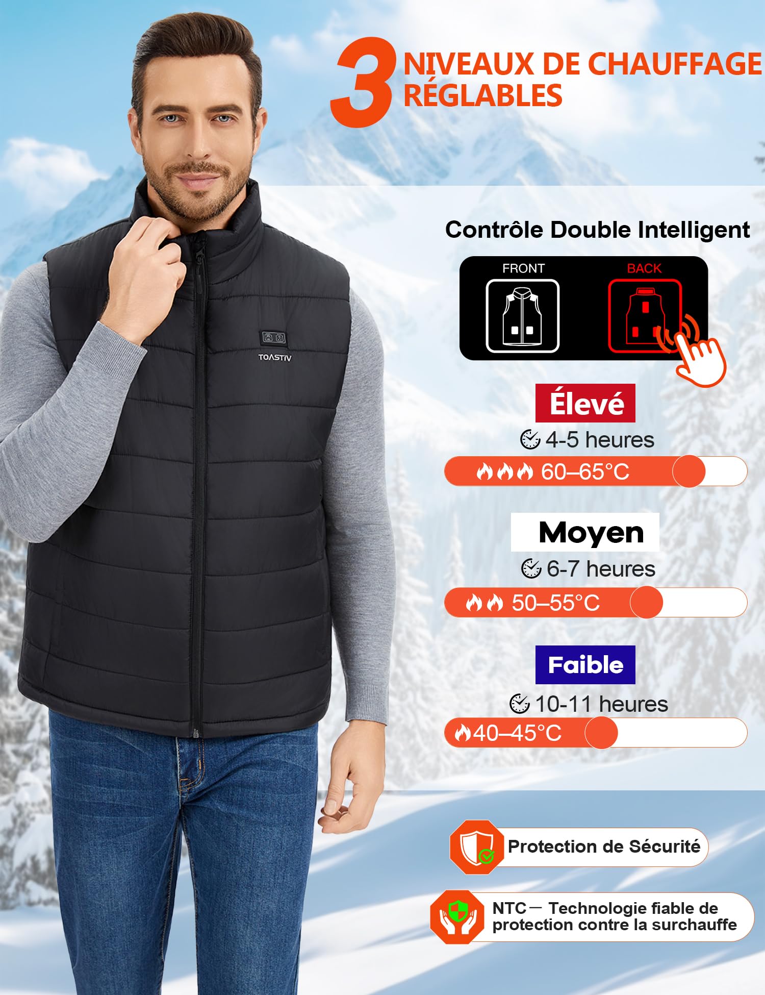 Gilet Chauffant Homme avec Batterie Externe 18400mAh 7.4V, Gilet Chauffant Lavable, Veste Chauffante pour Hiver，Jusqu’à 11h de Chaleur