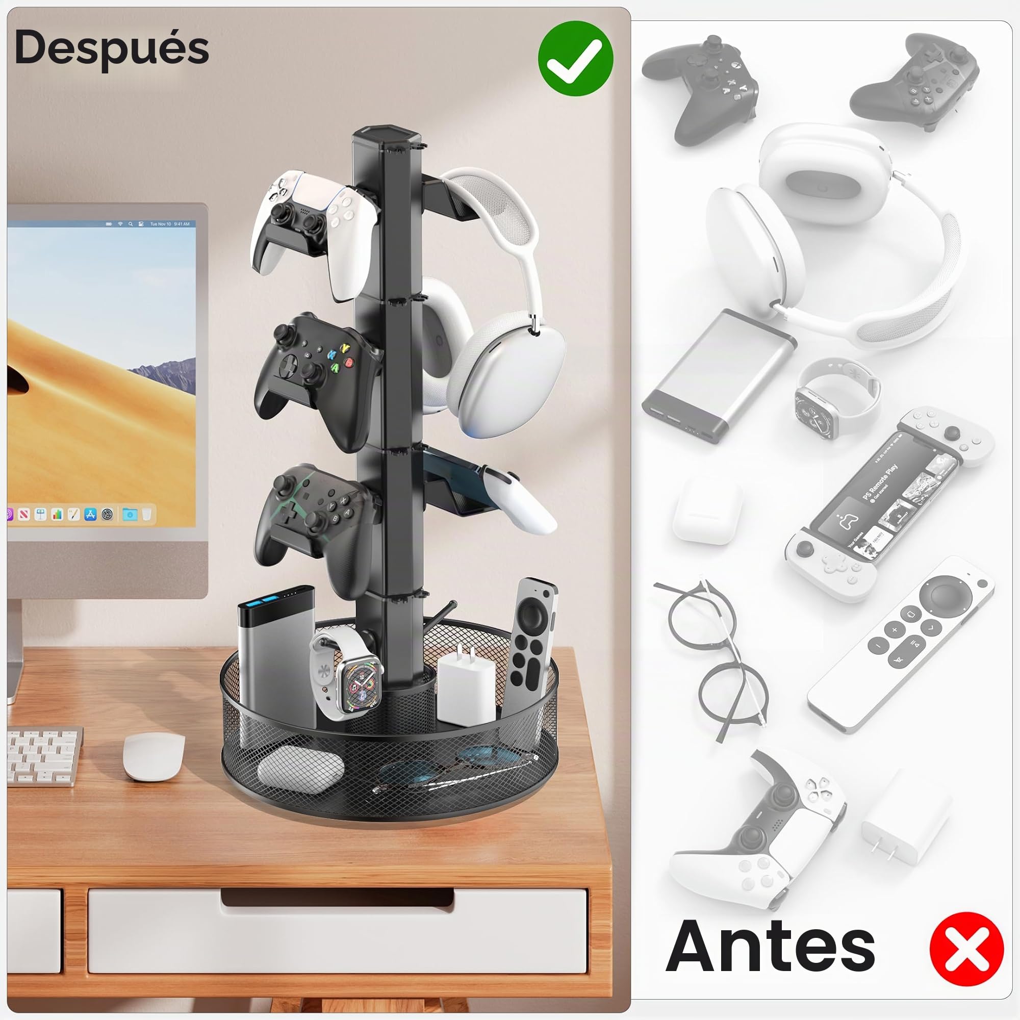 Kosker Soporte para Mando Mesa de Gran Capacidad con Cesta Giratoria, Universal Soporte Auriculares y Mando para PS5/PS4/Xbox/Switch/PC Accesorio, Colgador Cascos con Organizador de Cable, 4 Niveles