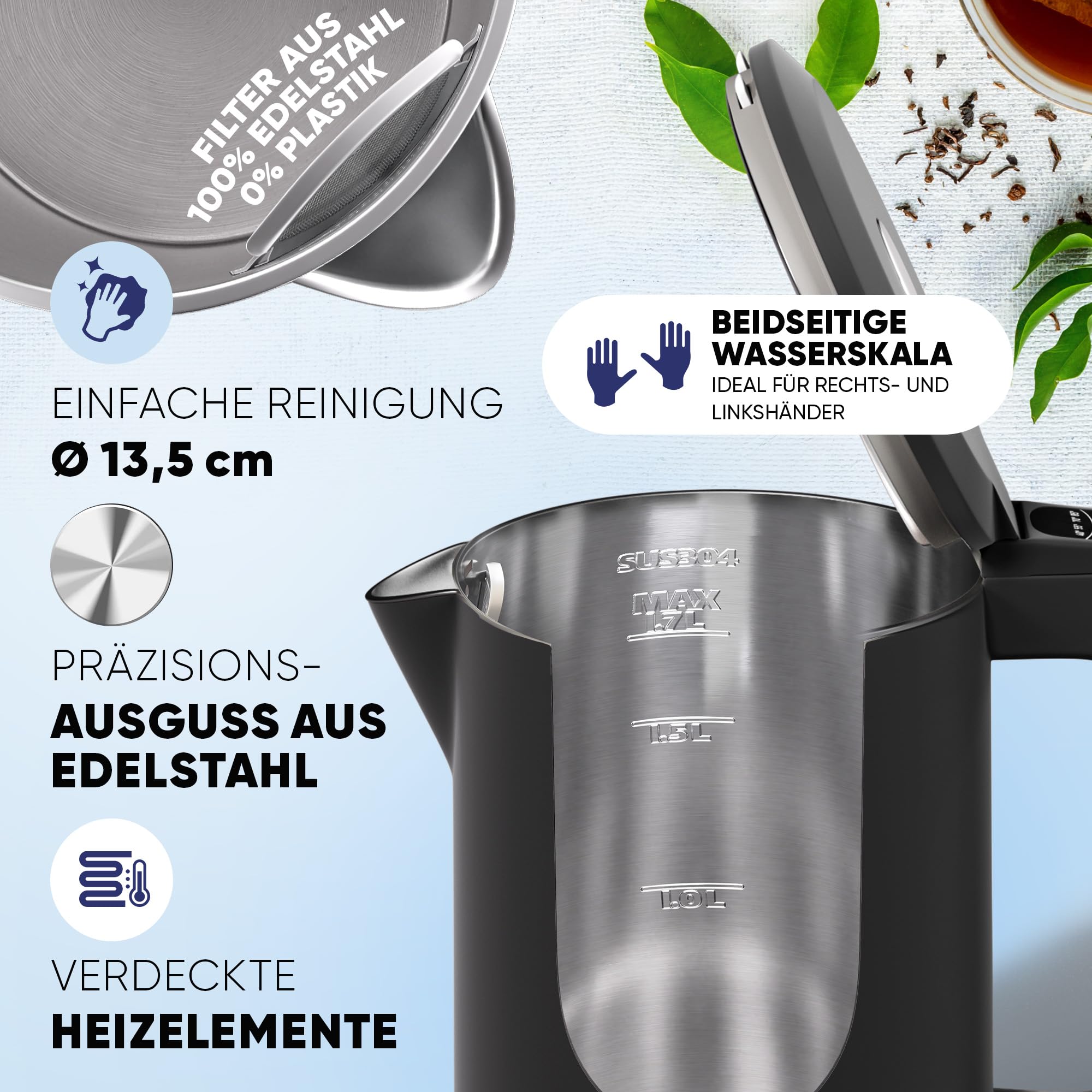 Stillstern Wasserkocher mit Temperatureinstellung [1,7L, 2200W, 40-55-70-85-100°C], 12h Warmhalten, Wasserkocher Edelstahl mit Präzisionsausguss, Schnelles Aufheizen, Teekocher Camping, Matt Finishing