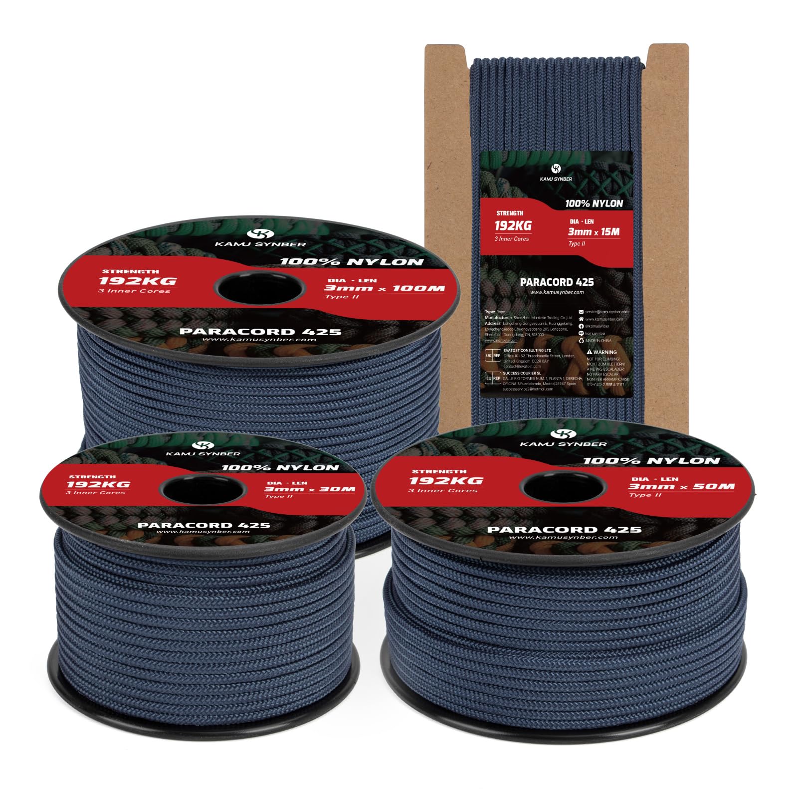 Kamu Synber 425 Paracord 3mm x 15m 100% Nylon Rope 3 Strands Parachute Cord Type II for Outdoor, Crafting, DIY | Support 192kg | Navy Blue