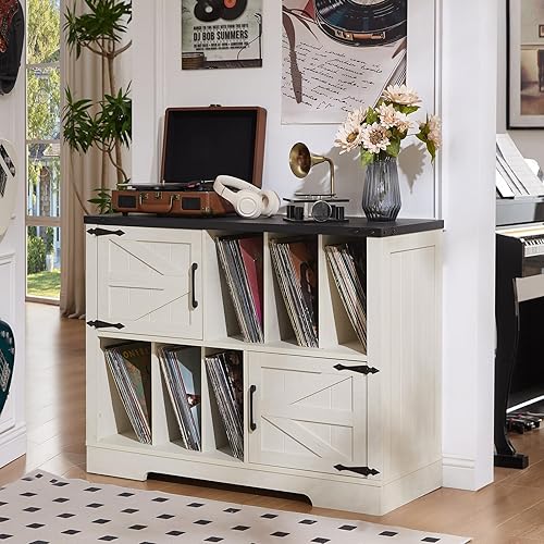 Miniatura 9 de Soporte grande para tocadiscos con almacenamiento de vinilo de hasta 450 álbumes, armario de almacenamiento de madera rústica blanca de 39 pulgadas