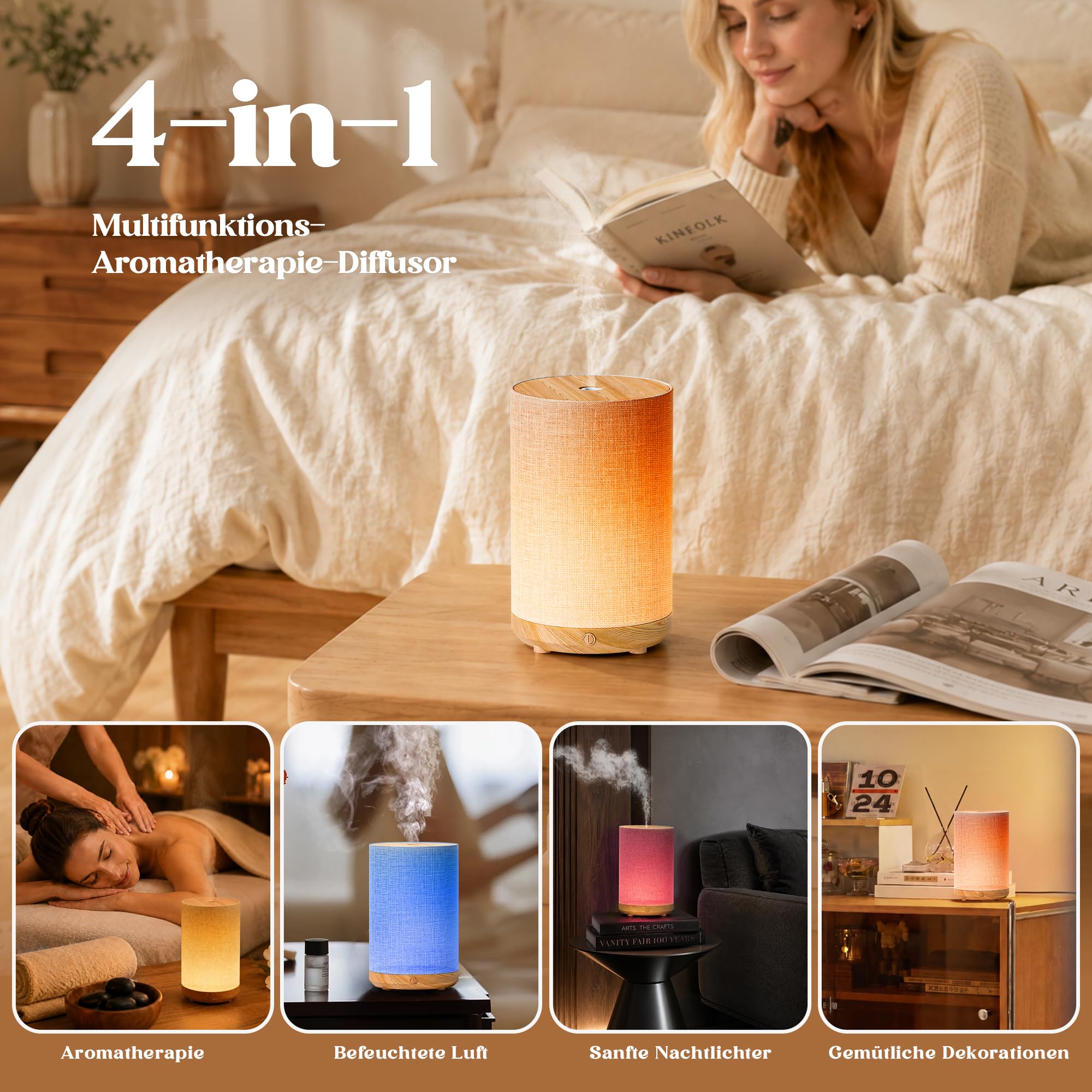 Mini Aroma Diffuser für Atherische Öle, Elektrisch Betrieben Diffusor mit Netzanschluss, Stoffbezug und Nachtlampe, 120ml Ultraschall-Luftbefeuchter mit 7-LED-Licht, für Schlafzimmer Yoga, Geschenk