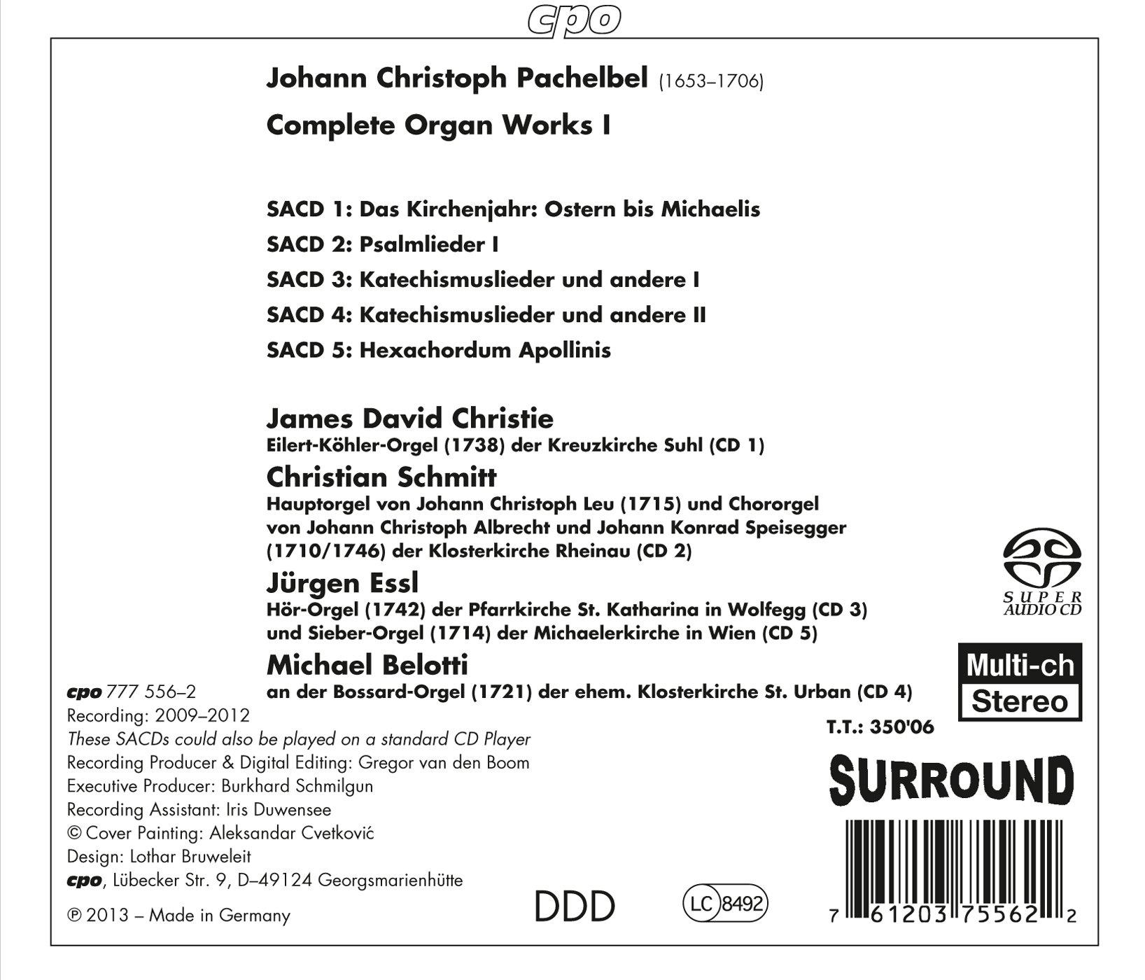 Pachelbel : Intégrale de l'Œuvre pour Orgue, Vol. 1. Schmitt, Essl, Christie, Beloti.