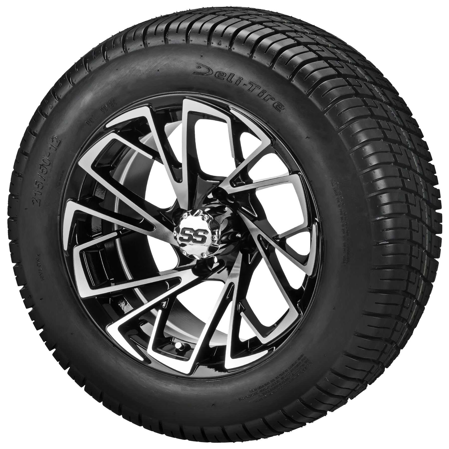 12" Stinger Black/Machined on 215/50-12 Deli Tires (Set of 4) | Golf Cart Tires and Wheels Combo with Metric Lug Nuts