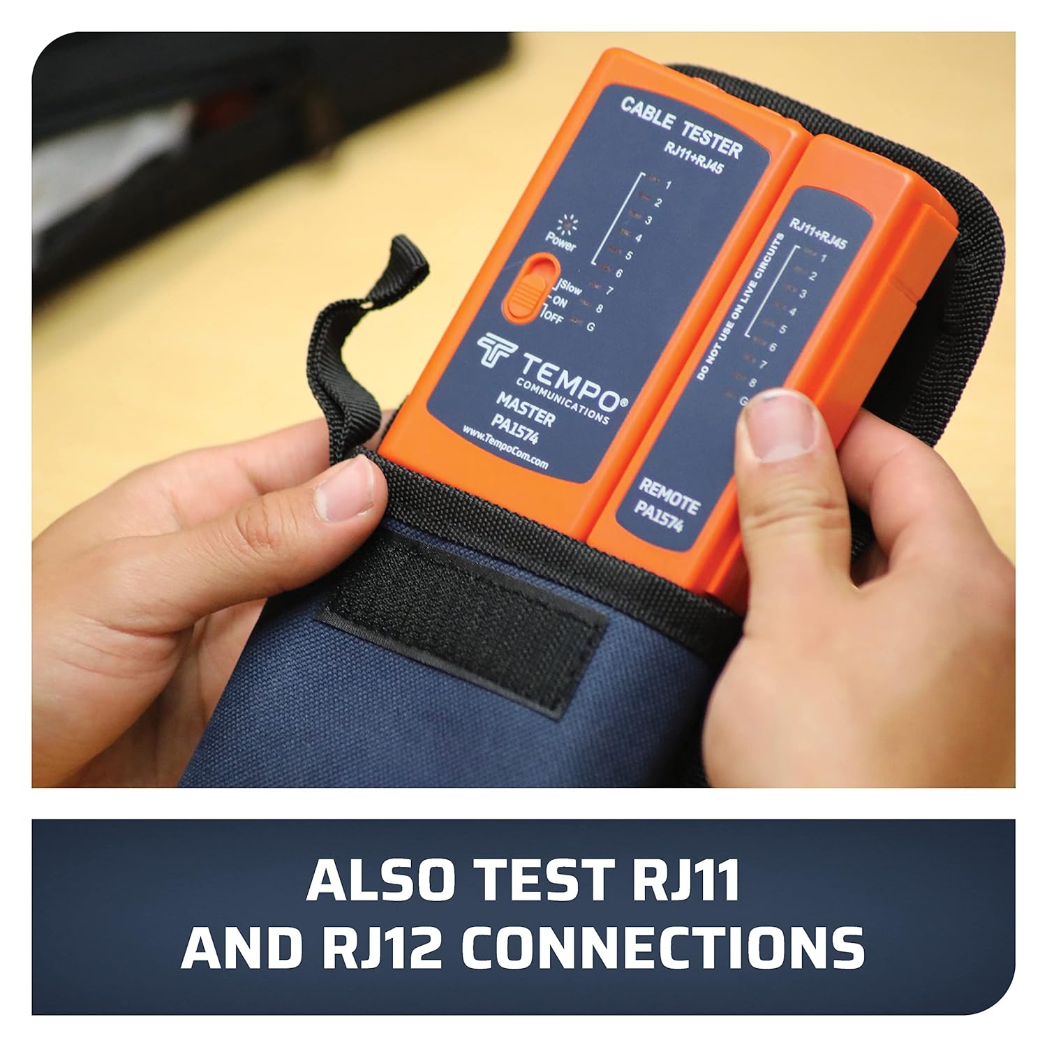 A person placing the TEMPO PA1574 cable tester into its nylon carrying case.