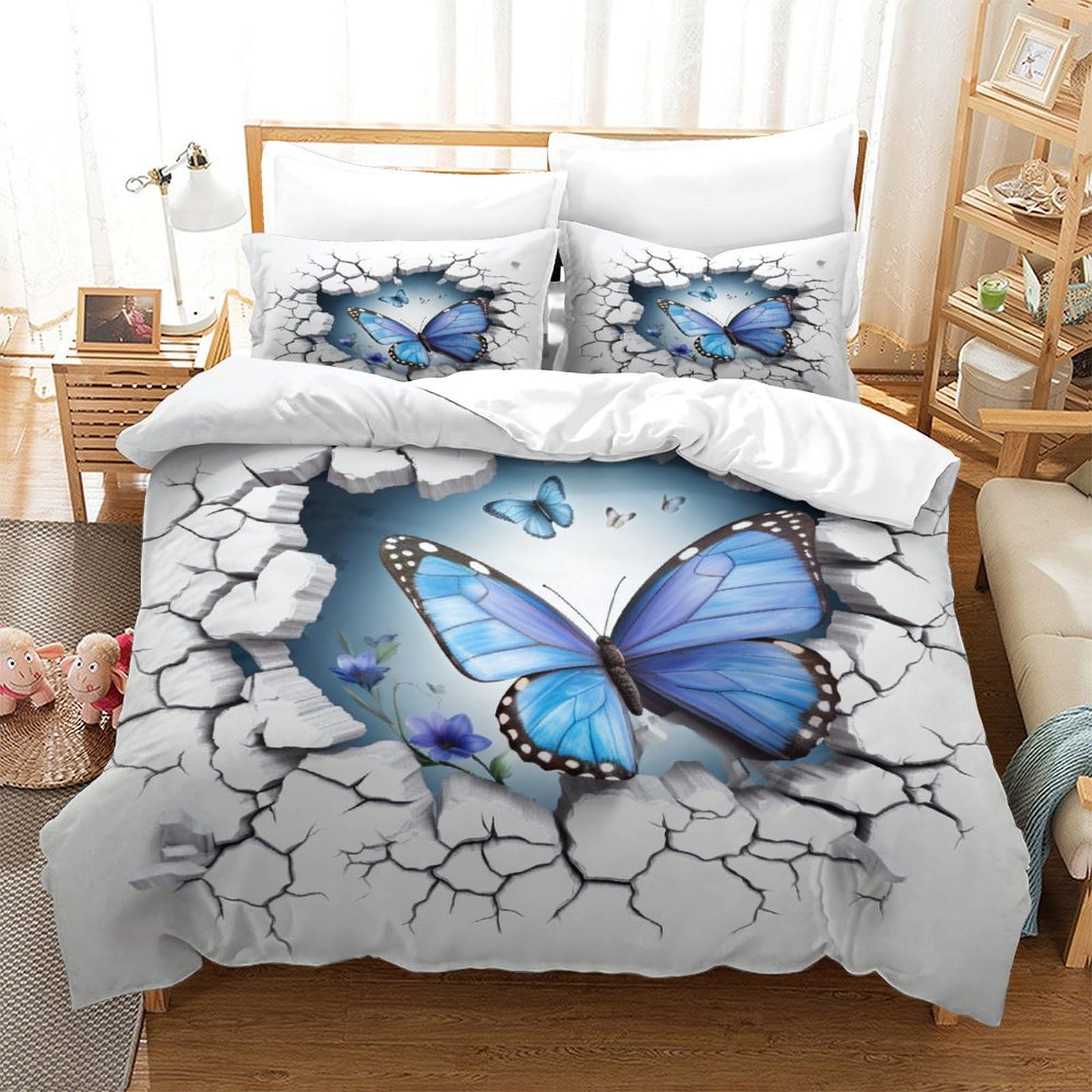 P1S9U7W5Y 3D Printed Cracked Blue Butterfly Duvet Cover Set 3 Pieces Microfiber Bedroom Decor Butterfly Bedding Set Soft Breathable for Adults Youth Double（200x200cm）