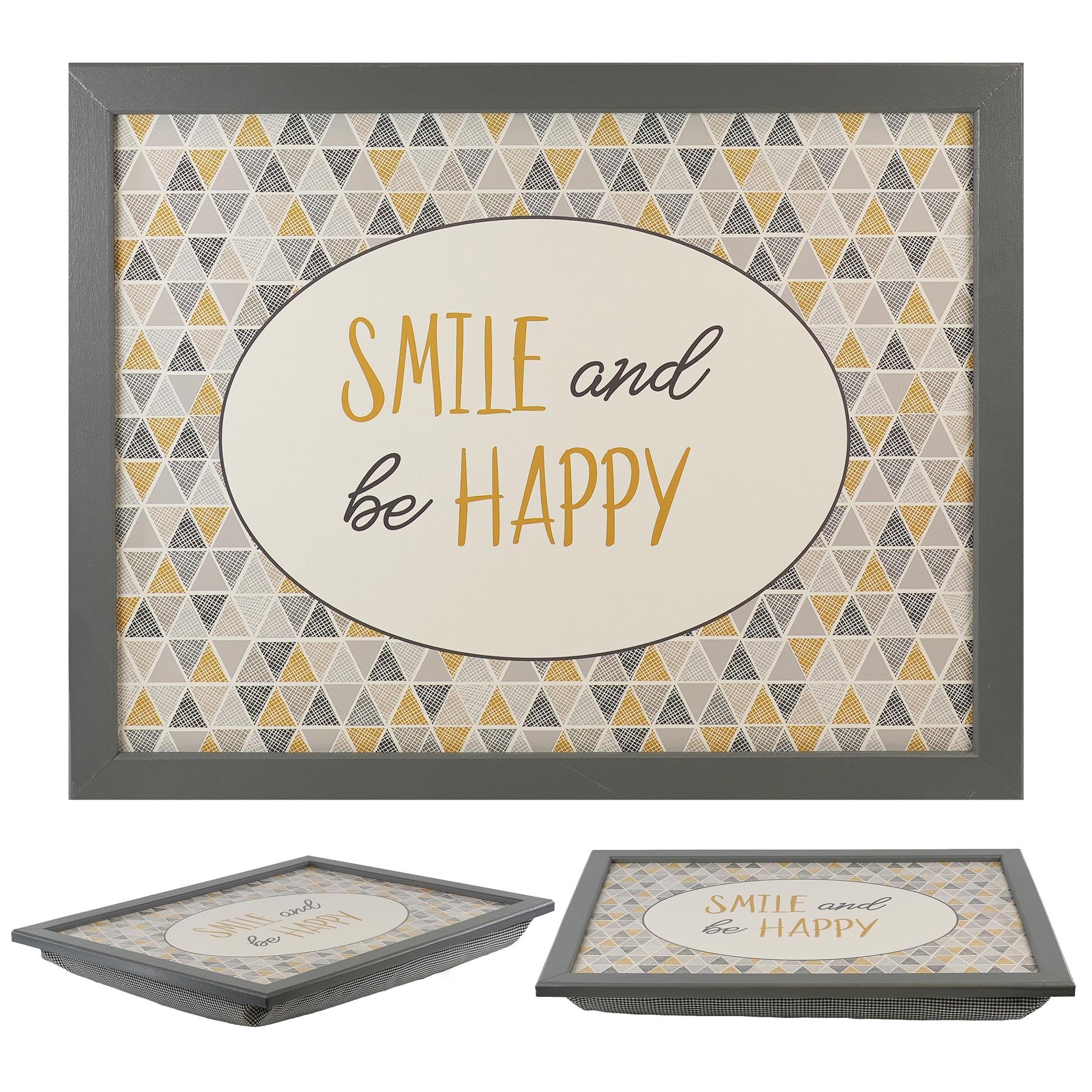 MTS Wooden Lap Trays with Bean Bag Cushion - Smile And Be Happy Design - Large Padded Tray for Kids and Adults - Suitable for Food, Art, Studies, TV, Sofa, Bed - Great Gift for Family