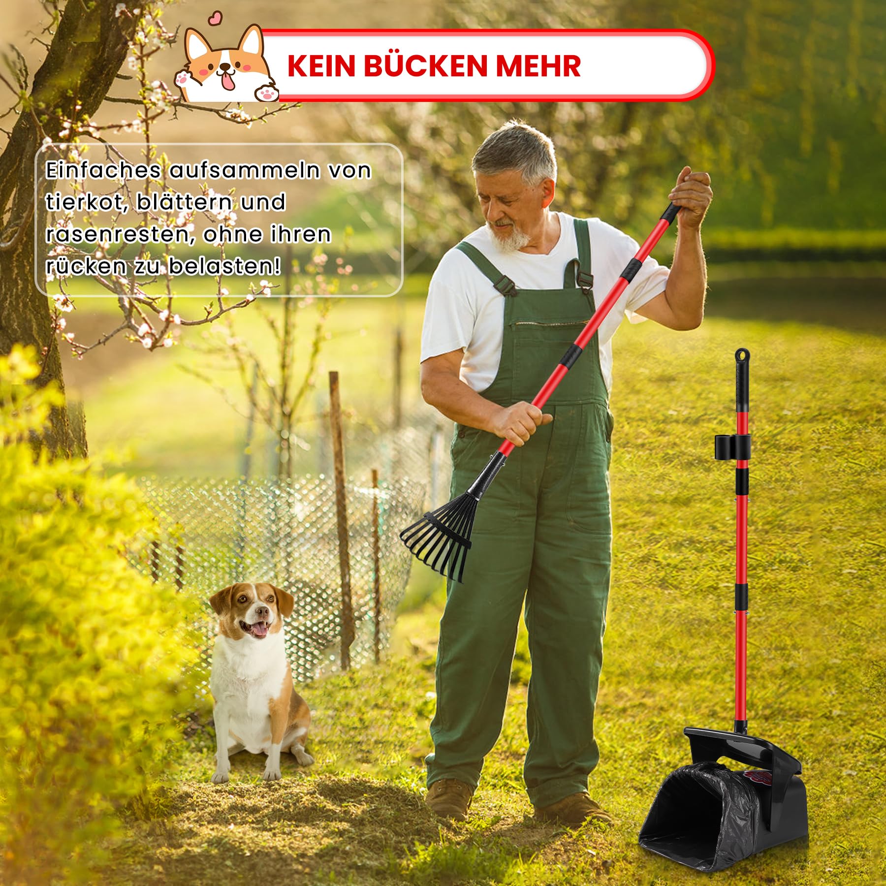 Hundekotschaufel Schwenkbehälter Und Rechen Mit 60 Hundekotbeutel, Hundekotsammler Für Große, Mittelgroße Und Kleine Hunde, Langer Edelstahlgriff Für Hof, Gras, Erde Oder Kies