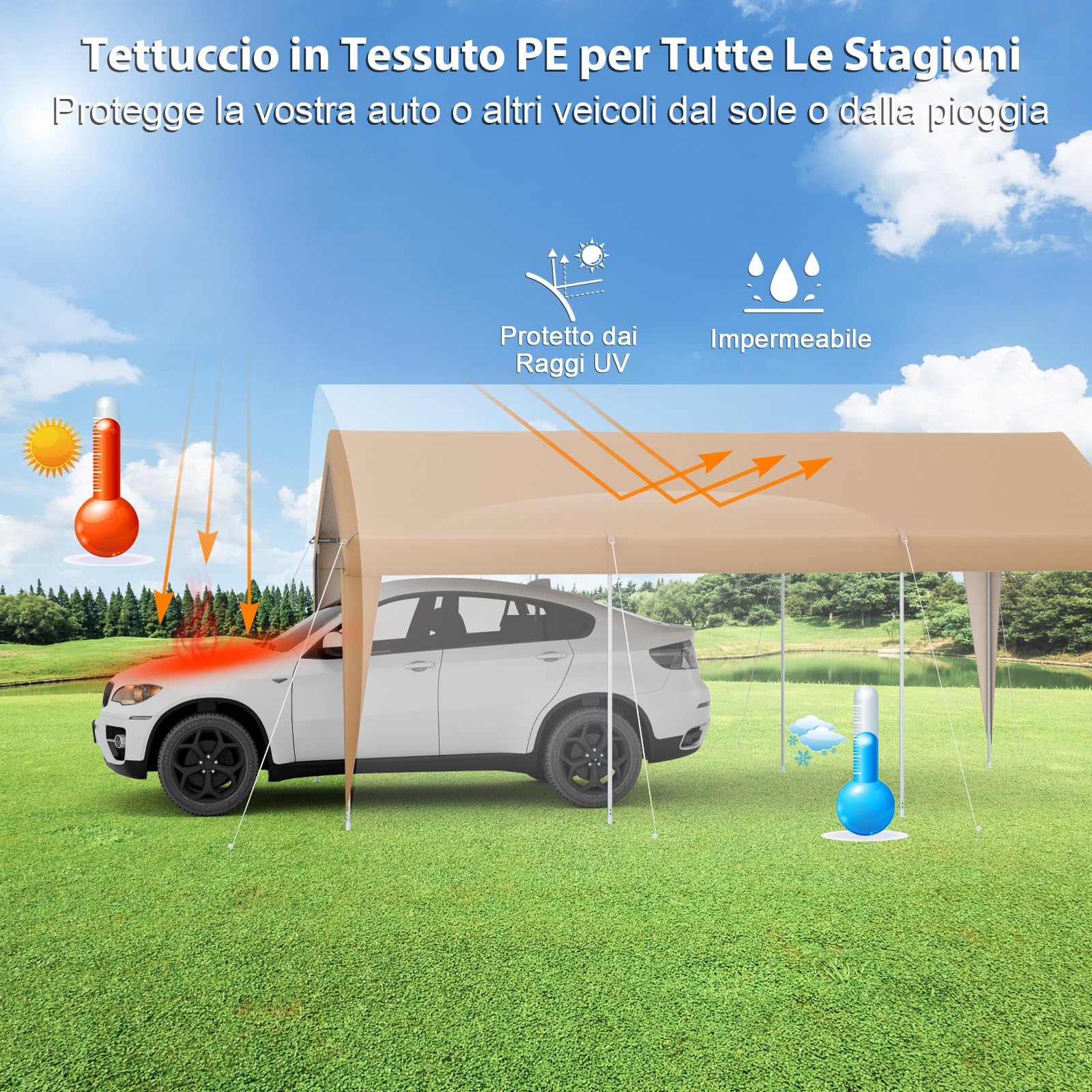 COSTWAY Gazebo Tenda per Posto Auto da Esterno, Tendone Garage per Auto, Carport Tenda Impermeabile in Metallo, 301 x 600 x 285 cm
