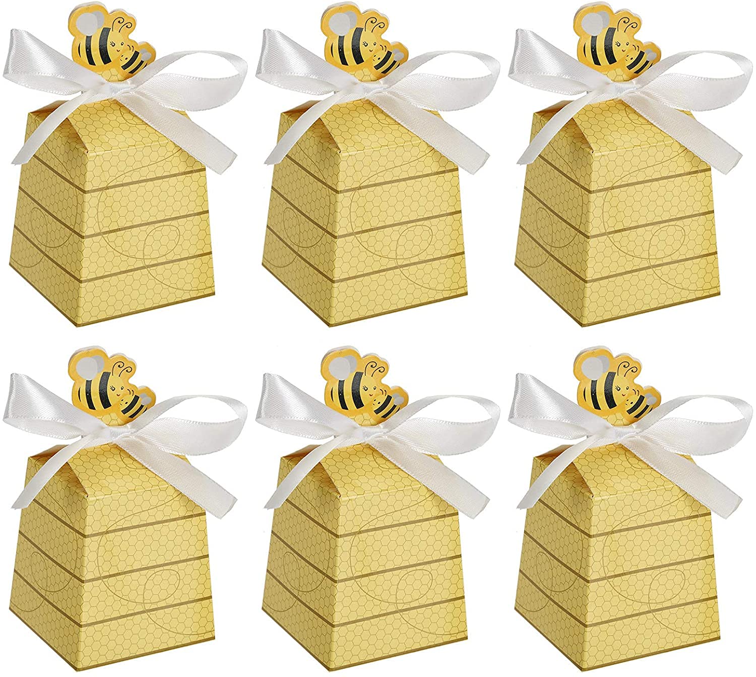 KUPOO 50 PCS Bumble Bee Candy Boxes Beehive Gift Box with Ribbons Baby Favors Candy Boxes for Baby Shower Birthday Decorations