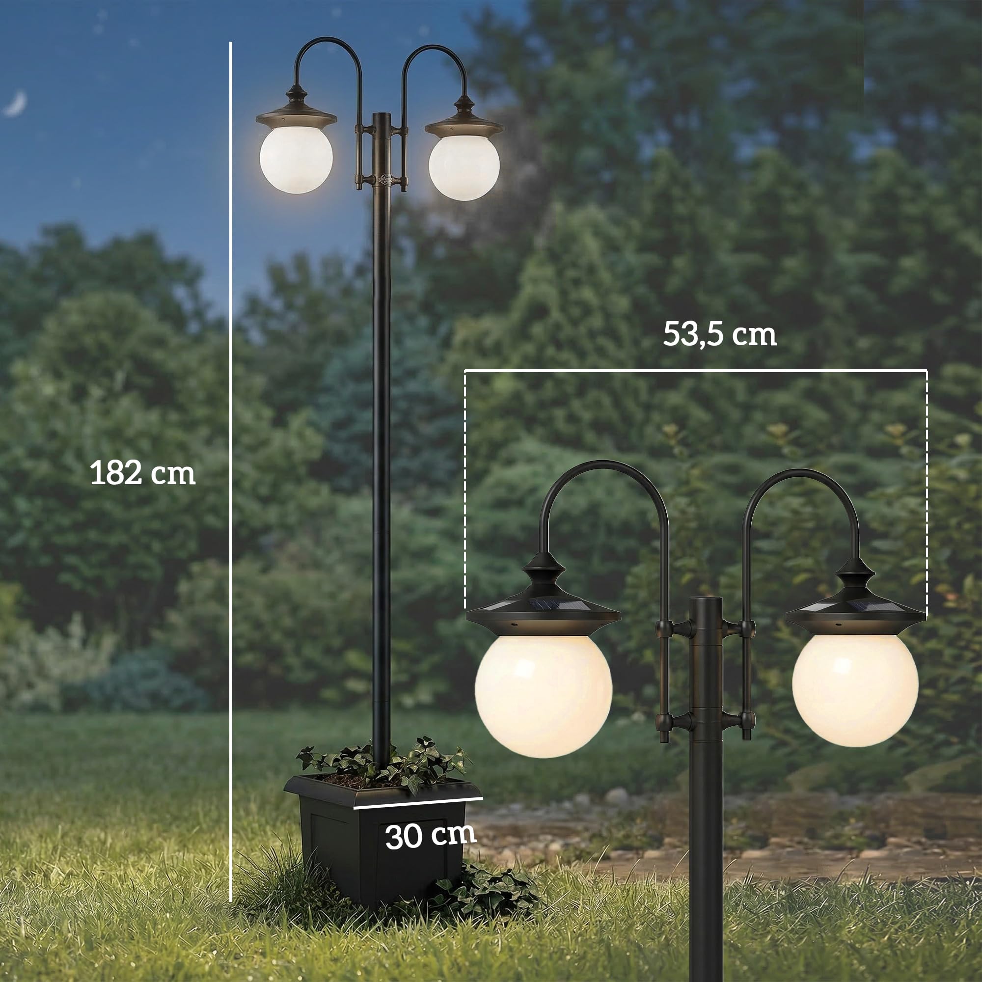 Outsunny Farola Solar Exterior de Jardín con Macetero 53,5x30x182cm Negro | 2 Cabezales, Impermeable IP44, Encendido/Apagado Automático, Altura Ajustable, Luz Solar de Exterior LED, Terraza Patio