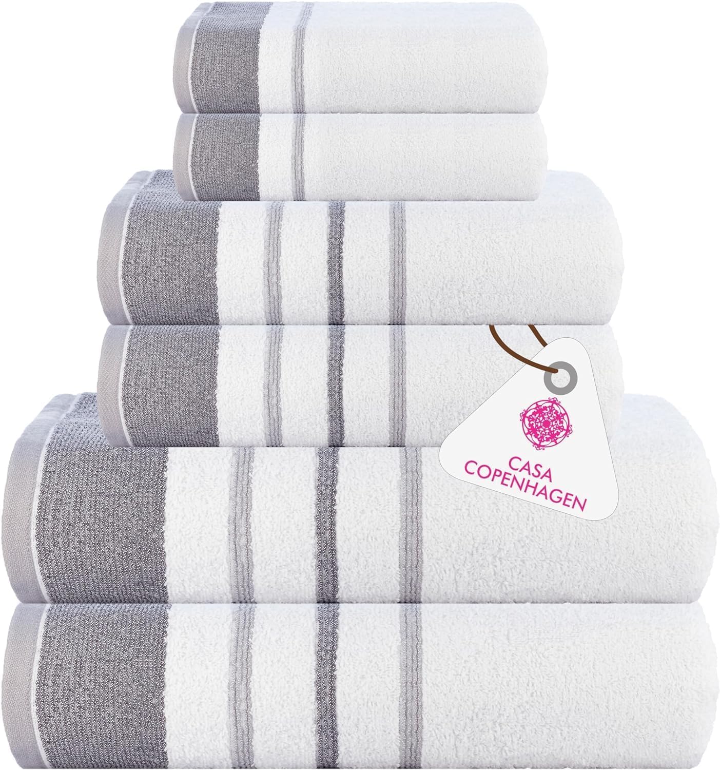 Casa Copenhagen Juego de 6 Toallas de baño, 600 g/m², Blanco Gris | White Bay 100% algodón egipcio puro para baño, cocina y ducha: 2 toallas baño, 2 de mano, 2 paños (set regalo mujer y hombre)