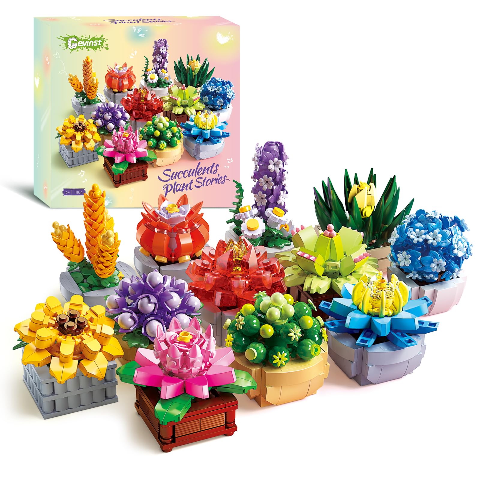 QiqoPoyee Botanicals Succulents, 12pcs Flowers Succulents Bonsai Set, 4.9mm Botanical Building Blocks, Botanical Collection, Succulent Plant Building Kit for Home Office Desk Décor Gift for Women Men