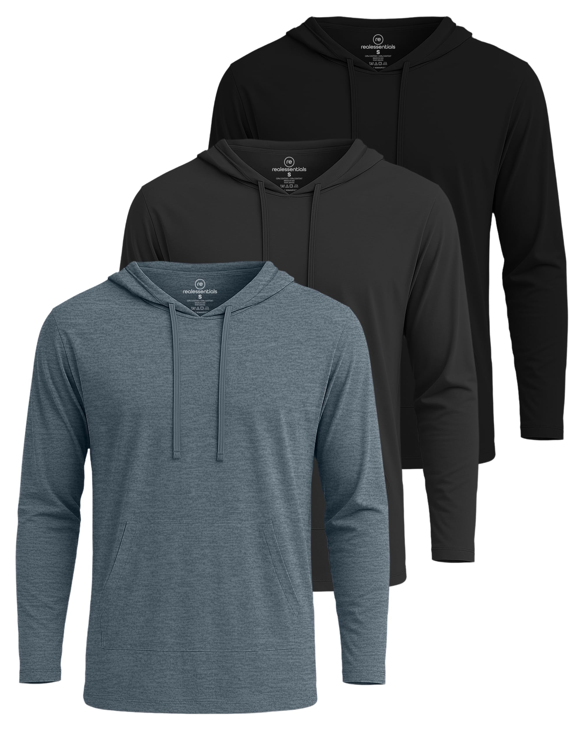 Real Essentials 3 Pack Mens Cotton Lightweight Casual Pullover Drawstring Hoodie With Pocket Available In Big Tall
