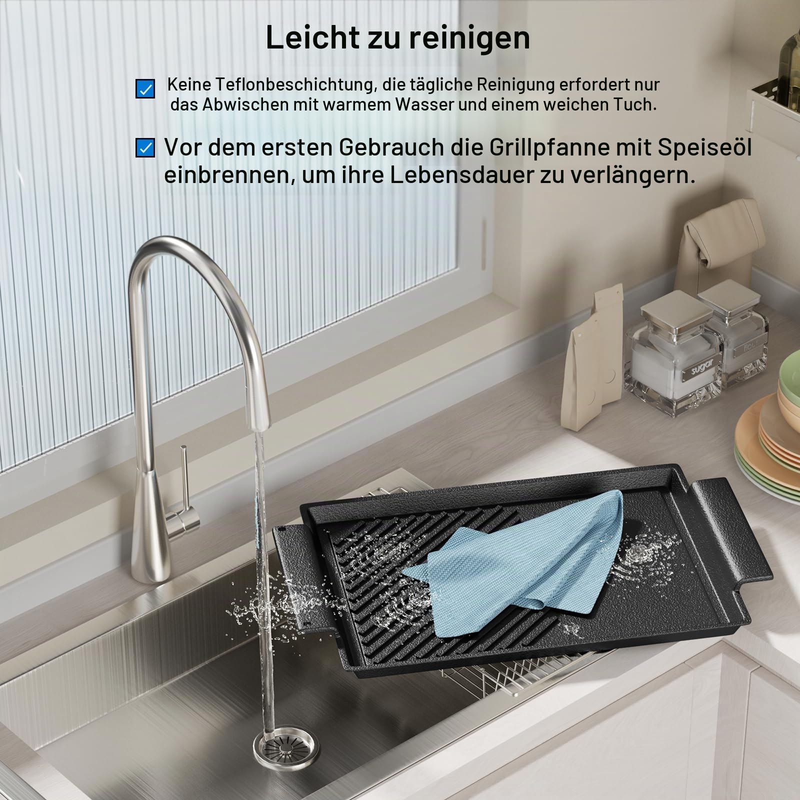 Grillplatte 38x21 cm mit Seitengriffen Aufhängeloch glatte antihaftbeschichtete Plancha aus Gusseisen Guss für alle Herdarten inkl. Induktion & Backofen