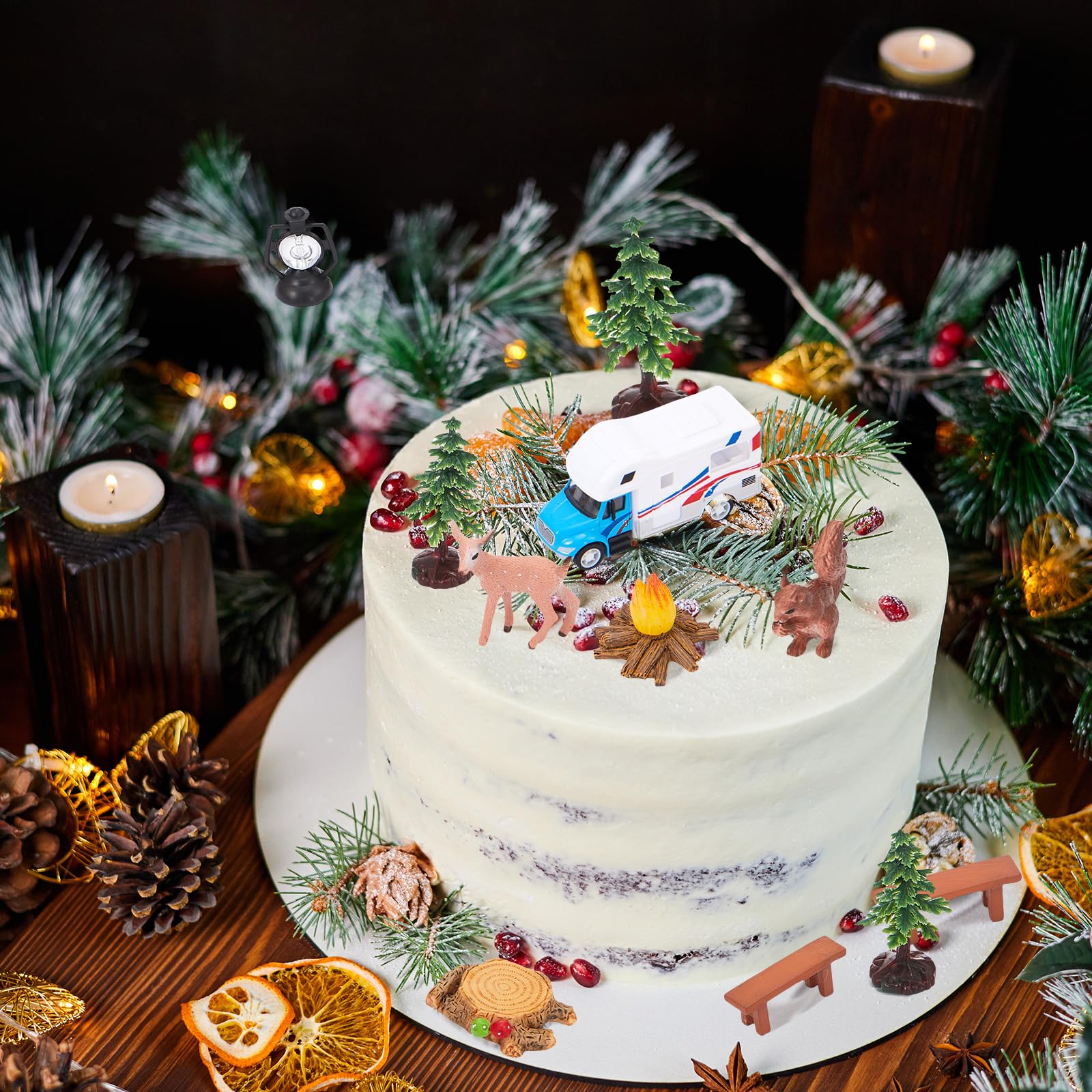 Yookeer 11 piezas de decoración para tartas de camping, hogueras, banco, tocón de hongos, juego de camping para niños, decoración de fiesta de cumpleaños, temática de bosque, suministros de fiesta de