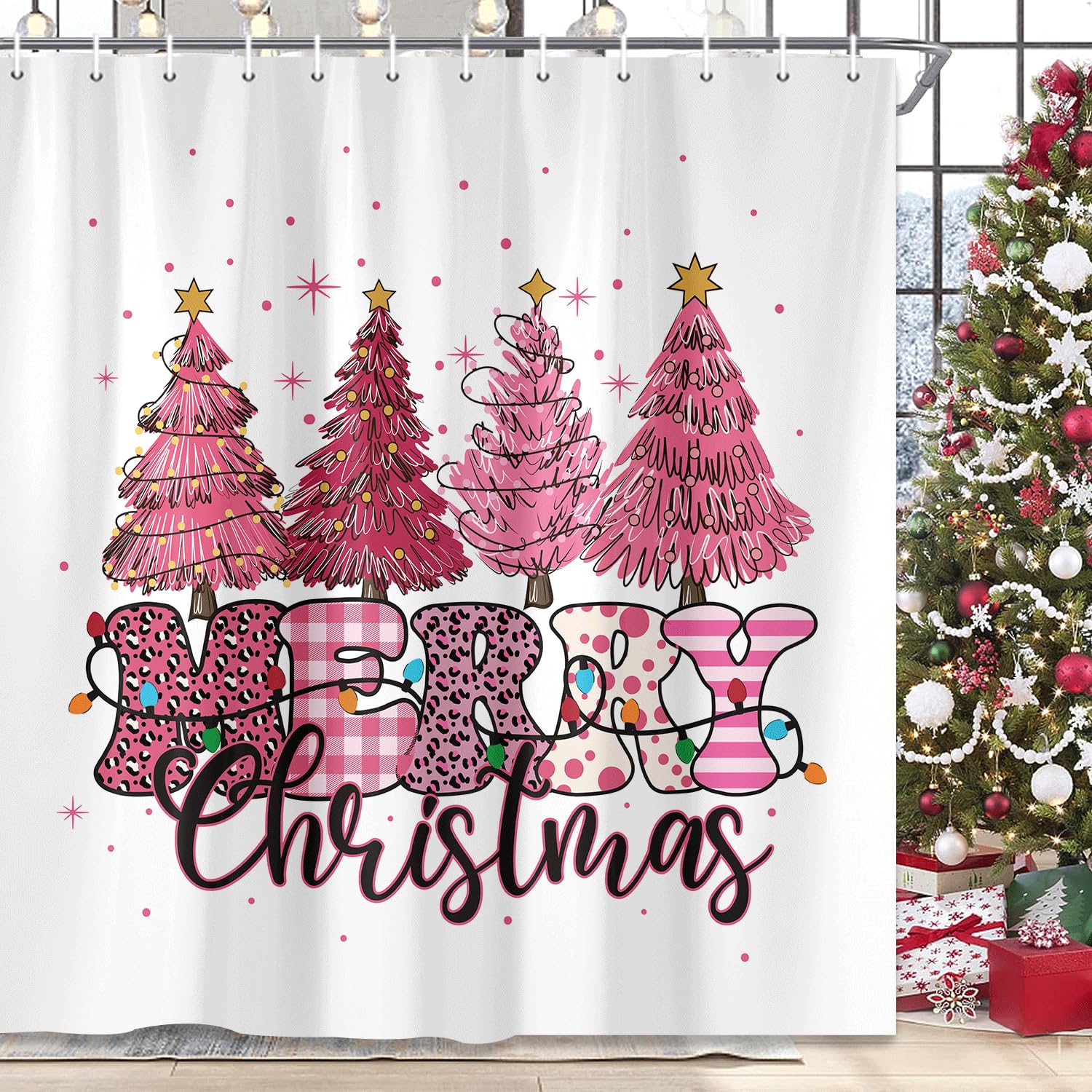 Weihnachts-Duschvorhang – Pinke Weihnachtsbäume Auf Regenbogen-Hintergrund, 152 X 178 Cm, Wasserdicht, Mit Haken