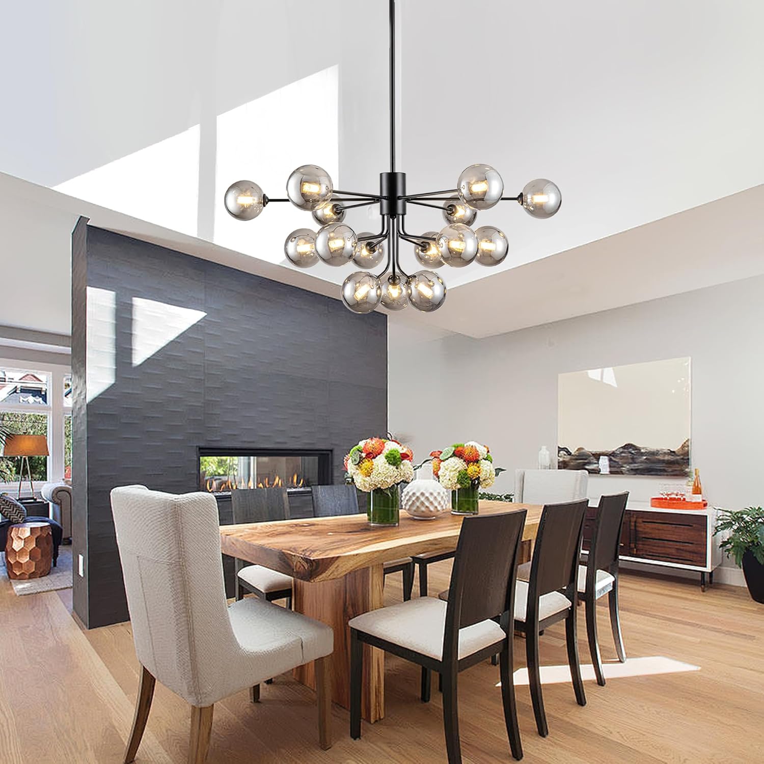 Sputnik Chandelier 15 Lights Smoked Glass Chandelier 39 Inch Large Globe Chandelier with Smoke Gray Glass Black Sputnik Chandeliers for Dining Room Kitchen Island Living Room Foyer